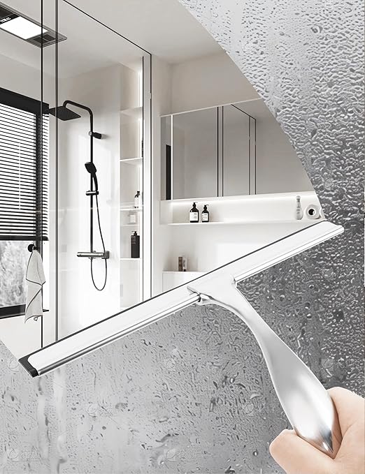 All-Purpose Stainless Steel Shower Squeegee Come with S Hook, 2 Square Sticky Hook 2 Rubber Strips Shower Squeegee for Glass Doors, Windows, Mirrors, Tiles and Car Glass -10 Inches Silver