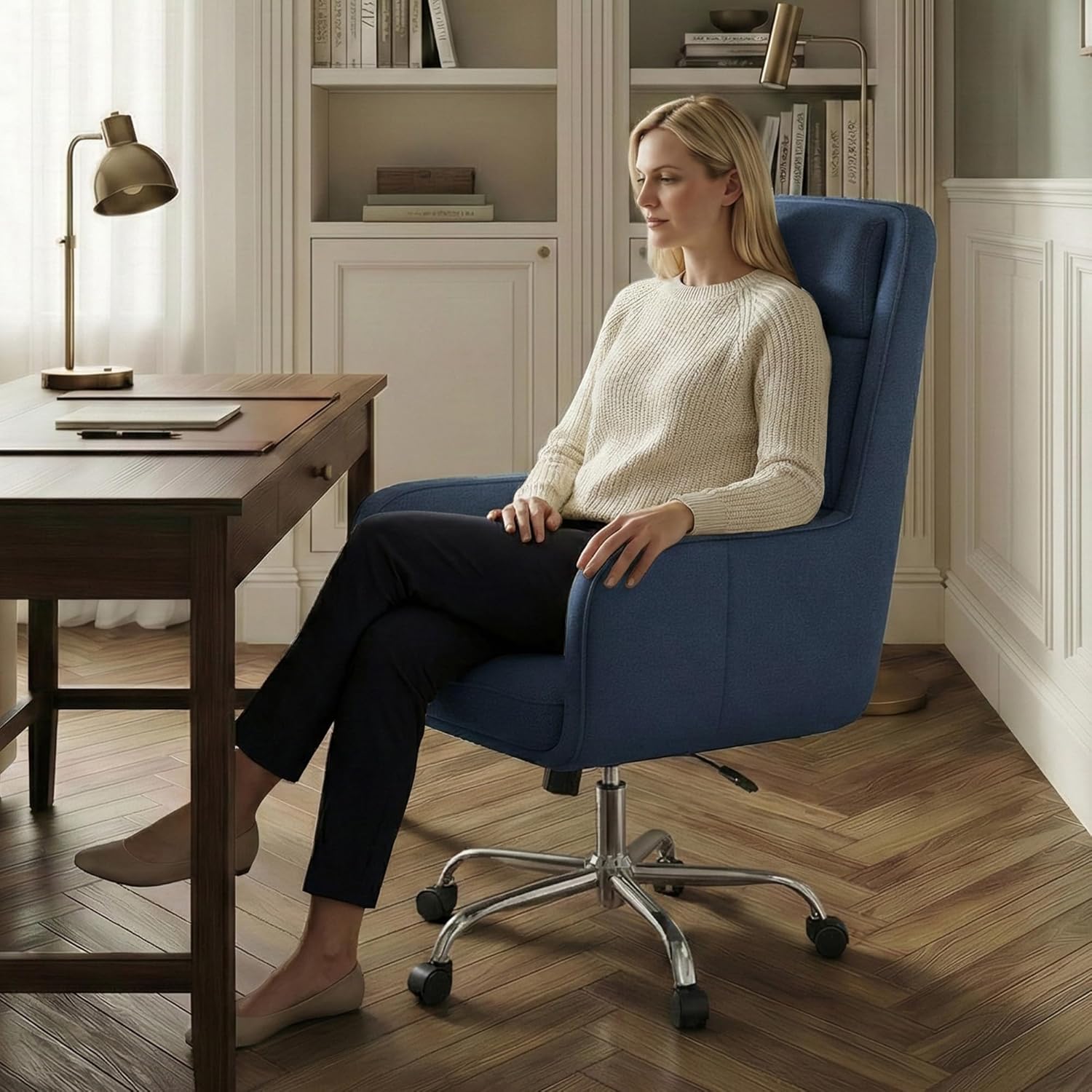 COLAMY Cocoon Modern High Back Home Desk Chair, Upholstered Office Chair with Wheels, Vanity Chair with Head and Lumbar Support, Armrest (Blue)