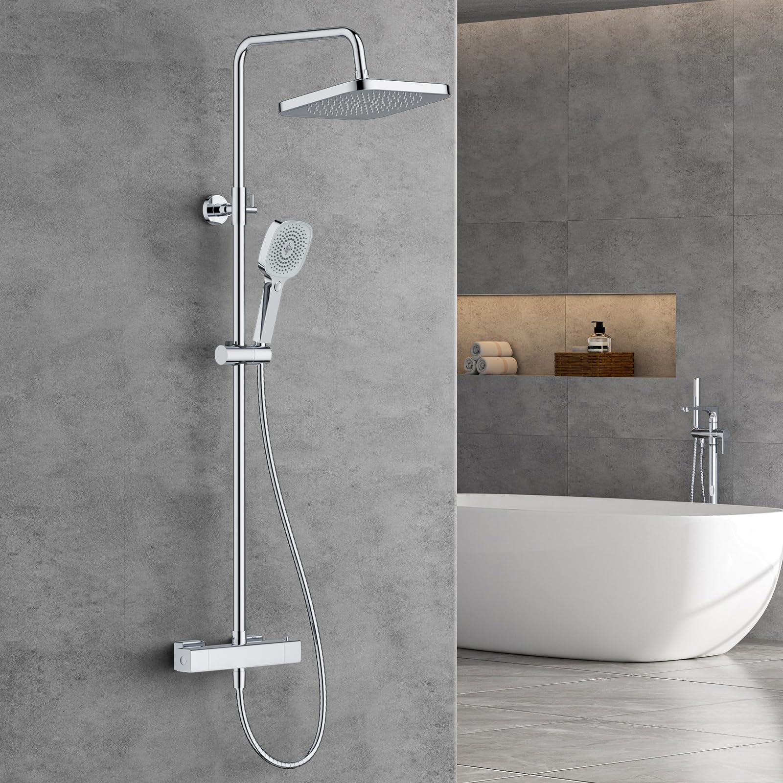 FORIOUS Duschsystem mit Thermostat,Edelstahl Duscharmatur Komplettset mit 25 cm Quadratisch-Overhead Regendusche,90-125cm Höhenverstellbare Duschstange, 3 Strahlarten ABS Handbrause Chrom