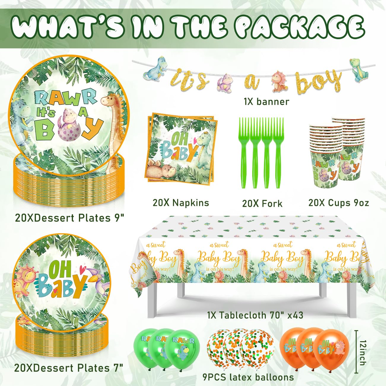 Dinosaur Baby Shower Decorations for Boy, Dinosaur Theme Hatching Soon Baby Boy Shower Decorations Dino Party Supplies OH Baby Plates, Rawr It's a Boy Napkins, Cups, Balloons, Tablecloth | Serve 20