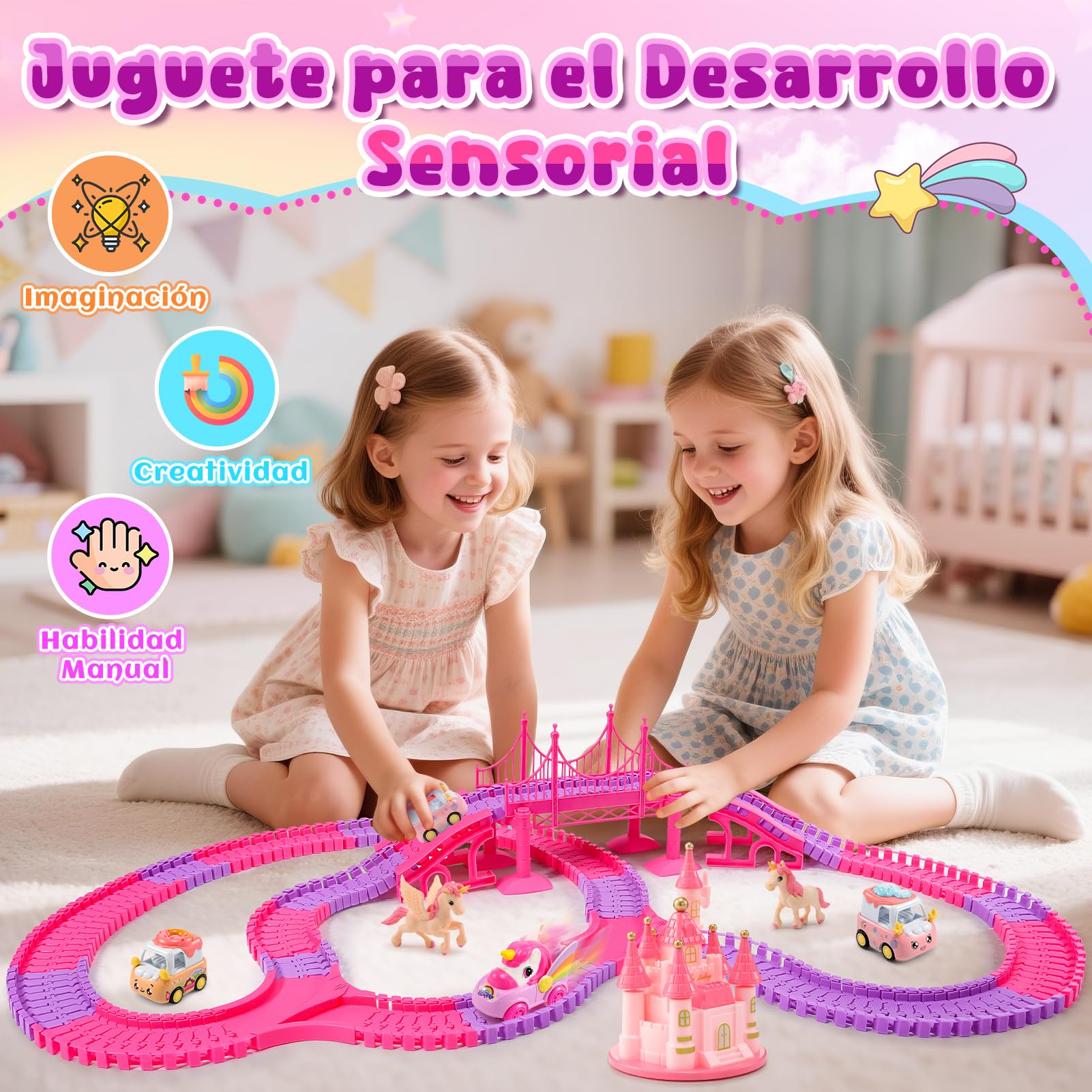 iKidiki Unicornios para Niñas 3 4 5 6 7 8 Años, Pista de Coches para Niños Regalo Juguetes Niña 3-8 Años Pista Coches Flexible Juguetes para Niñas Pistas Tiburon Niña Regalos Cumpleaños Niños