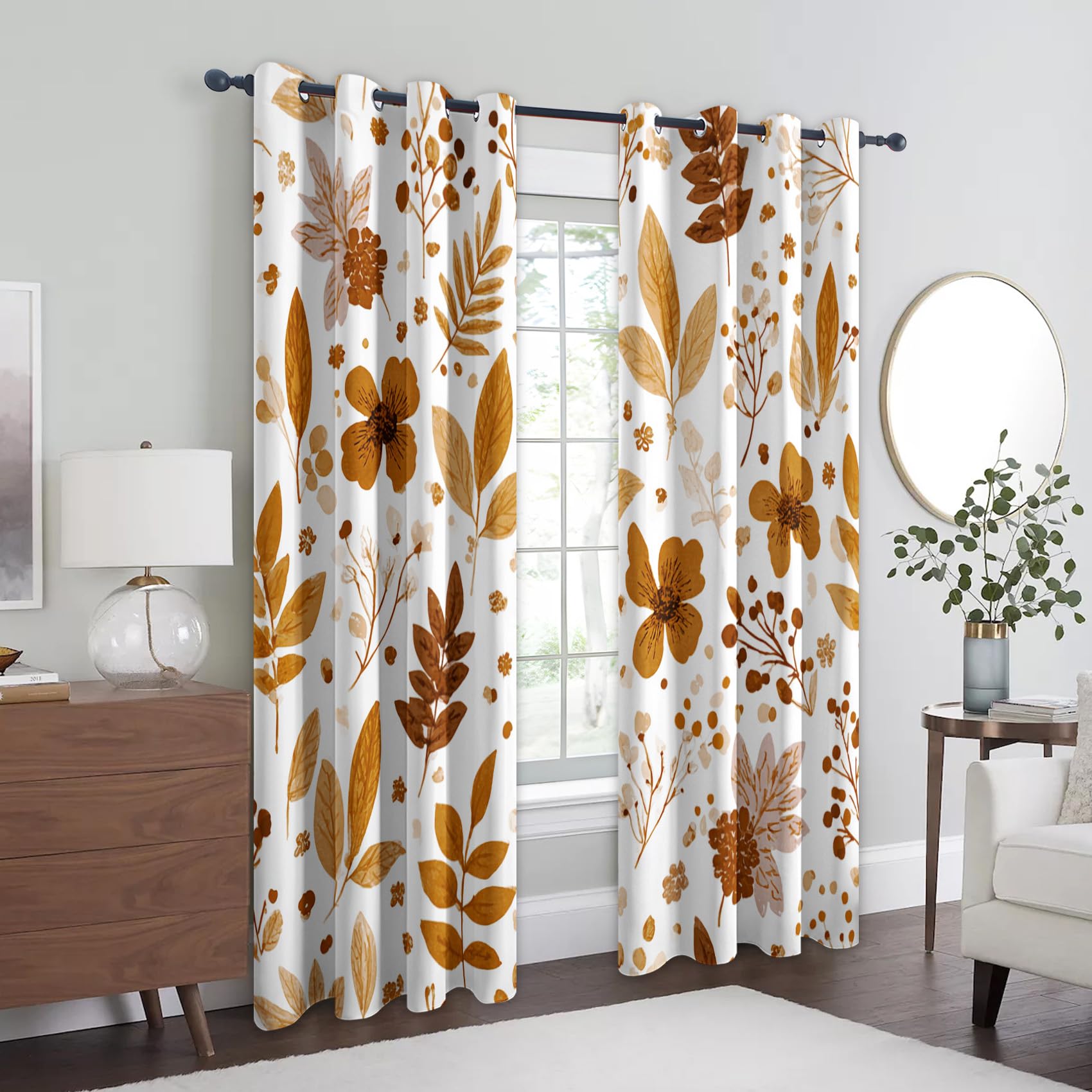 Autumn Leaf Curtains, Fall Botanical Floral Blackout Curtains for Bedroom Living Room, 52x84 Inch Drapes, Eyelet Thermal Window Treatments, 2 Panels T136