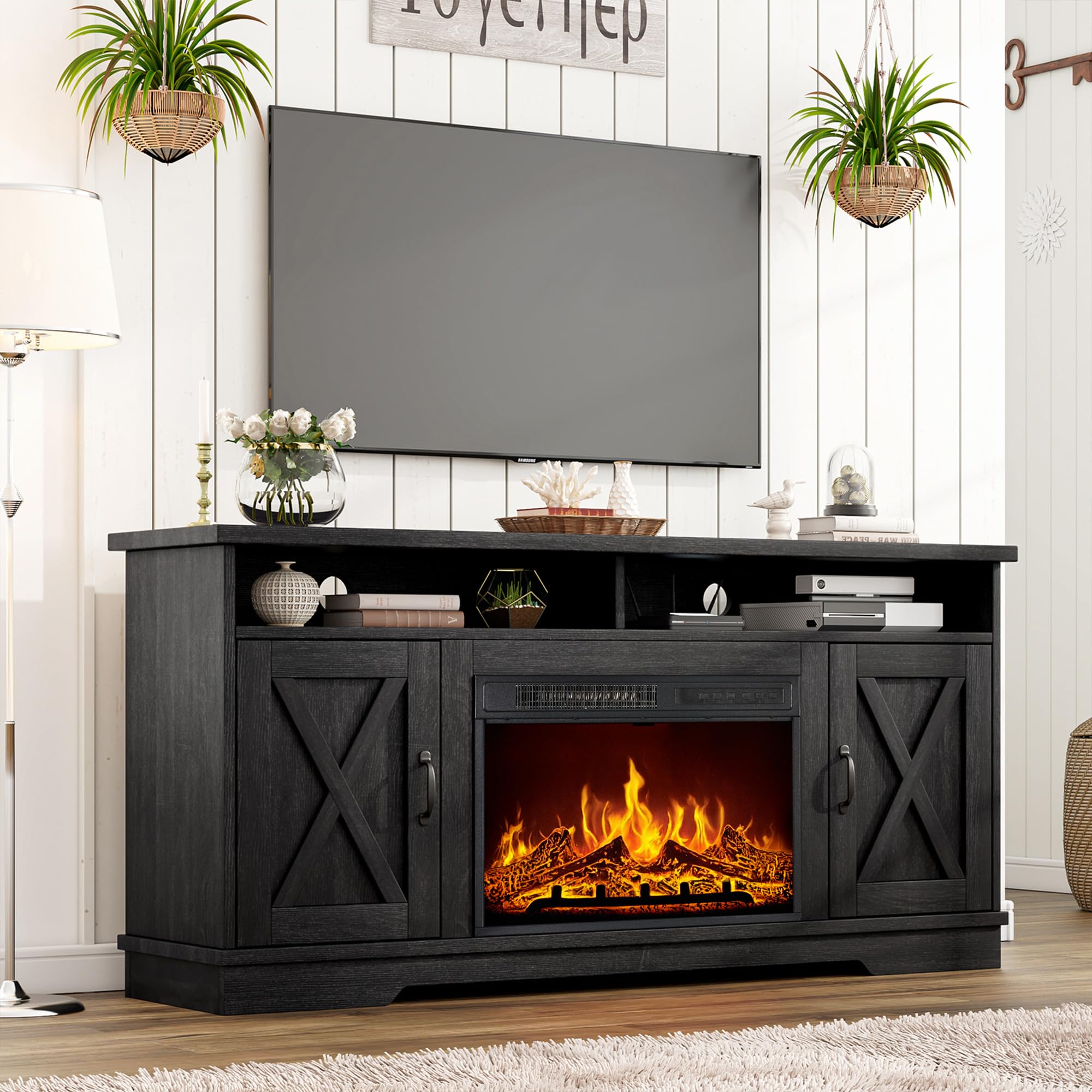 AMERLIFE 63" Farmhouse TV Stand with 26" Fireplace, for TVs up to 73", Entertainment Center with Adjustable Shelf & Barn Doors, TV Console Cabinet for