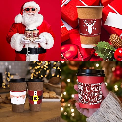 Miniatura 7 de Whaline 60 fundas de papel de Navidad para taza de café, fundas de papel de Navidad rojas para tazas de papel de 12 y 16 onzas, Papá Noel, reno,