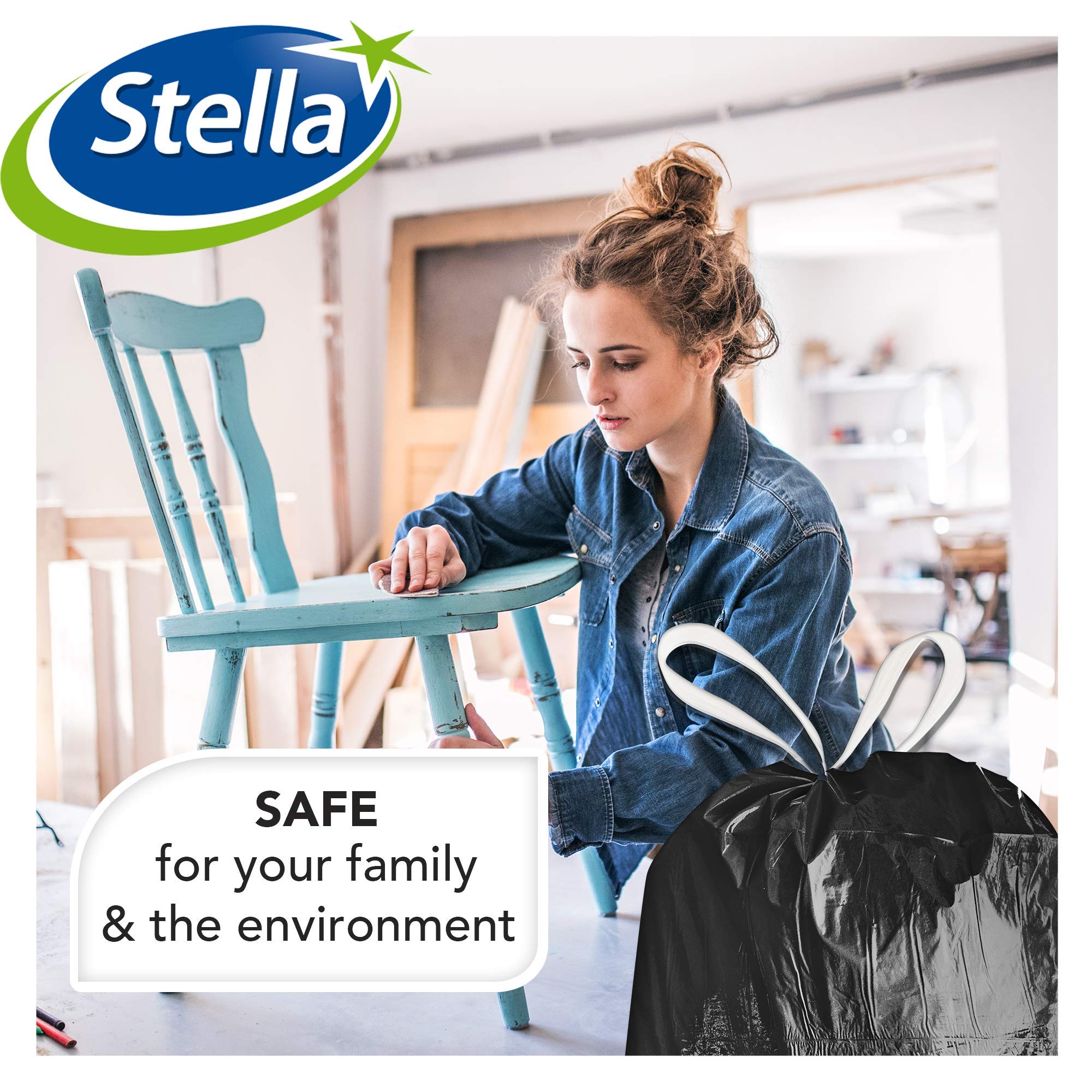 Stella Pack Sac Poubelle 60l Noir 40 Pièces Sacs Résistants Fermeture Coulissante Recyclable Durable Idéal Intérieur et Extérieur Sac 35 Litres Polyvalent, en plastique recyclé