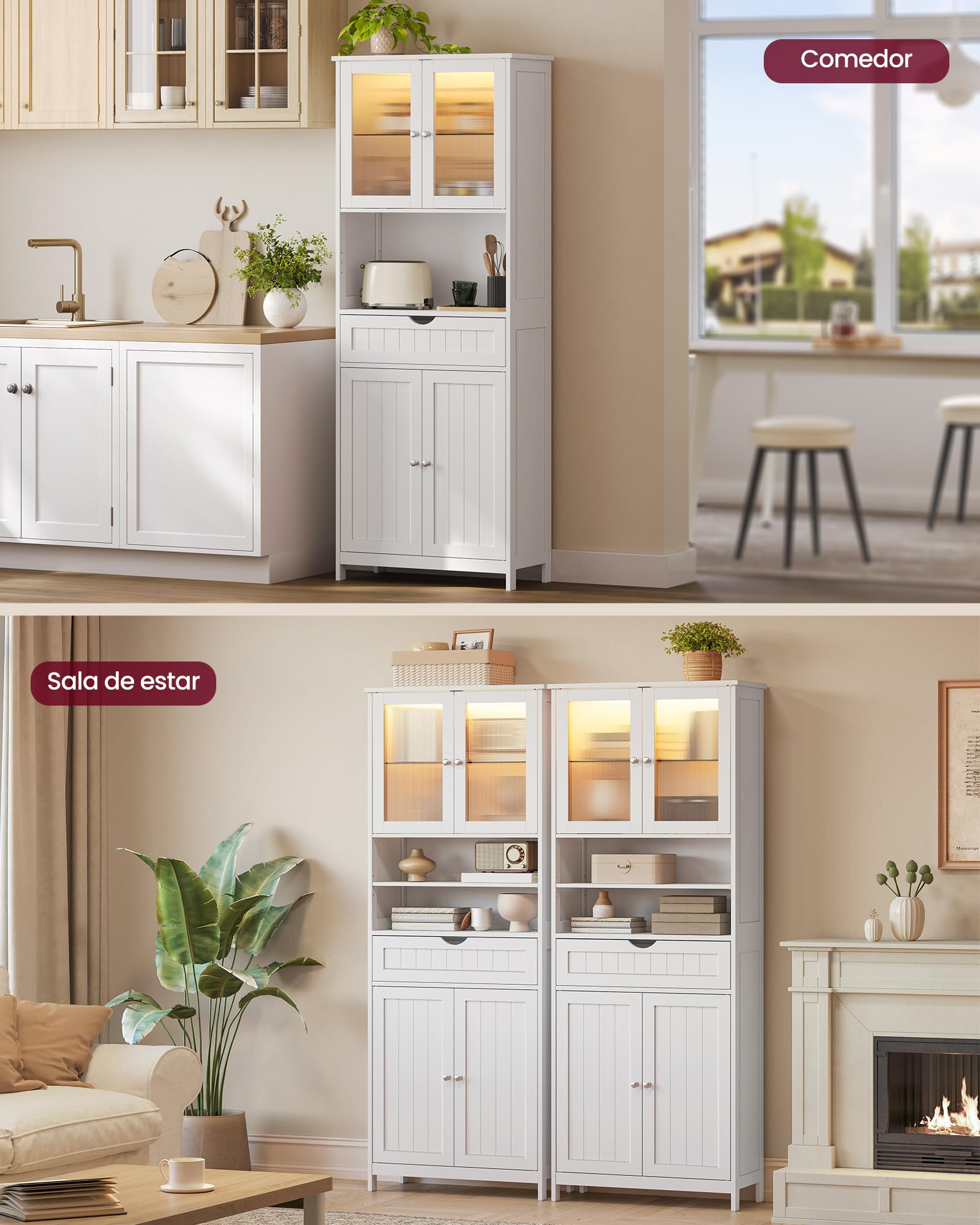 VASAGLE Armario de Almacenamiento con Iluminación, Armario de Baño, con Estantes Ajustables, Cajón, Compartimentos Abiertos, para Baño, Sala de Estar, Comedor, Blanco Nube BBC767W03