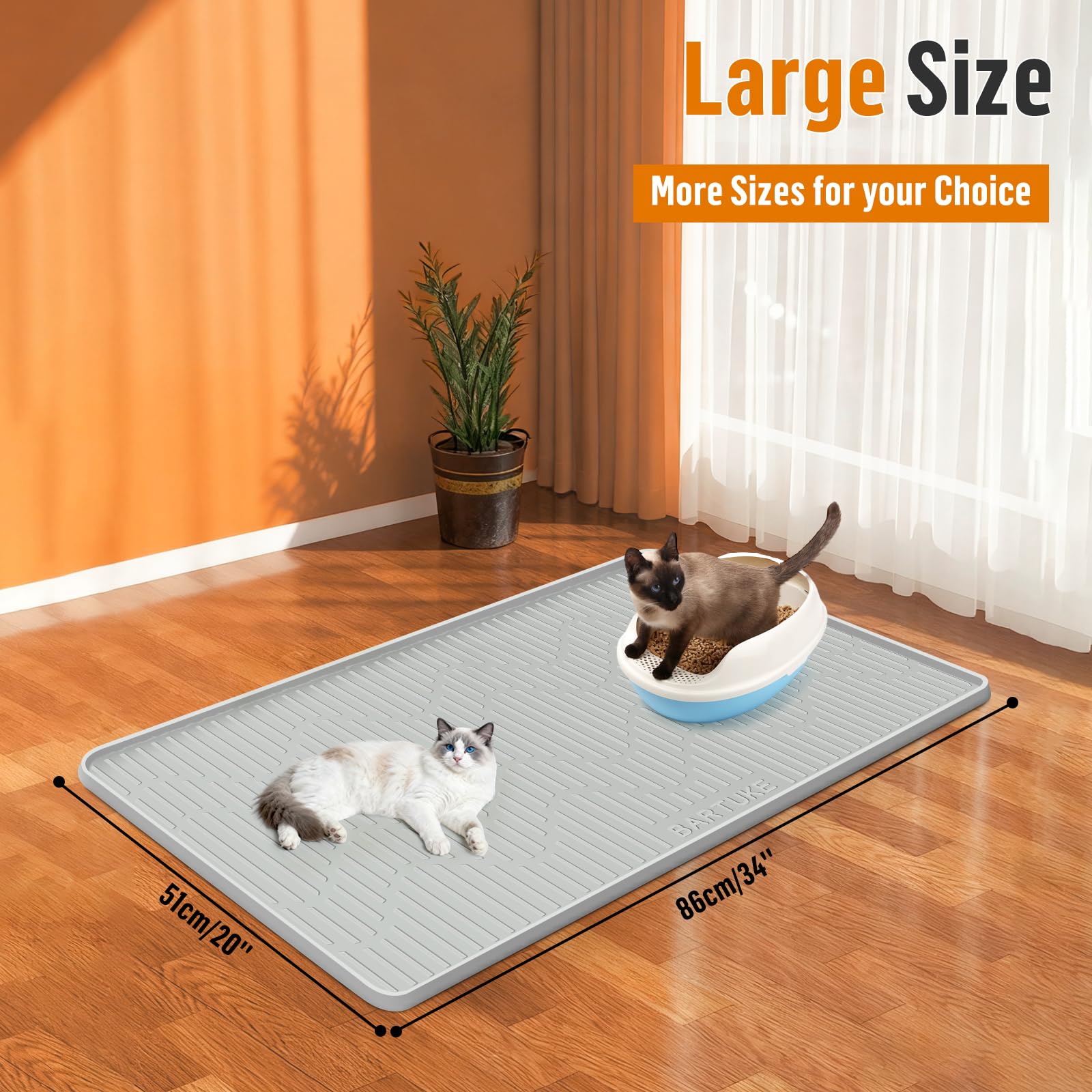 34''x20'' Tappetino in silicone per lettiera per gatti per il controllo dello spargimento, impermeabile, morbido sulle zampe del gatto, pavimento pulito (grigio)