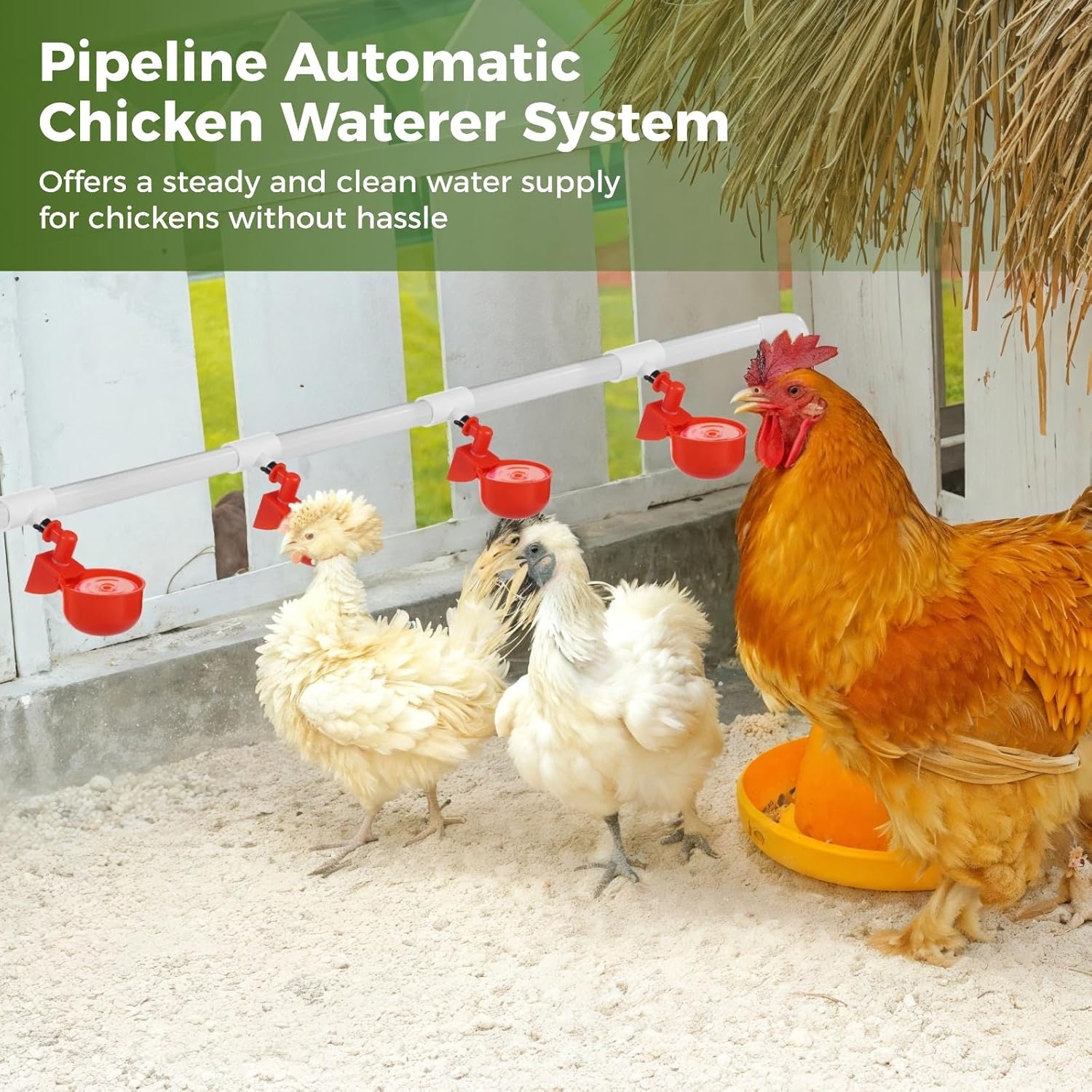 Pipeline Automatic Chicken Waterer System, Automatic Chicken Watering Complete PVC Pipelines Set with 8 Deep Drinking Cups, T Connectors, Float Valve, Auto Pipe Feeder Poultry Watering Kit