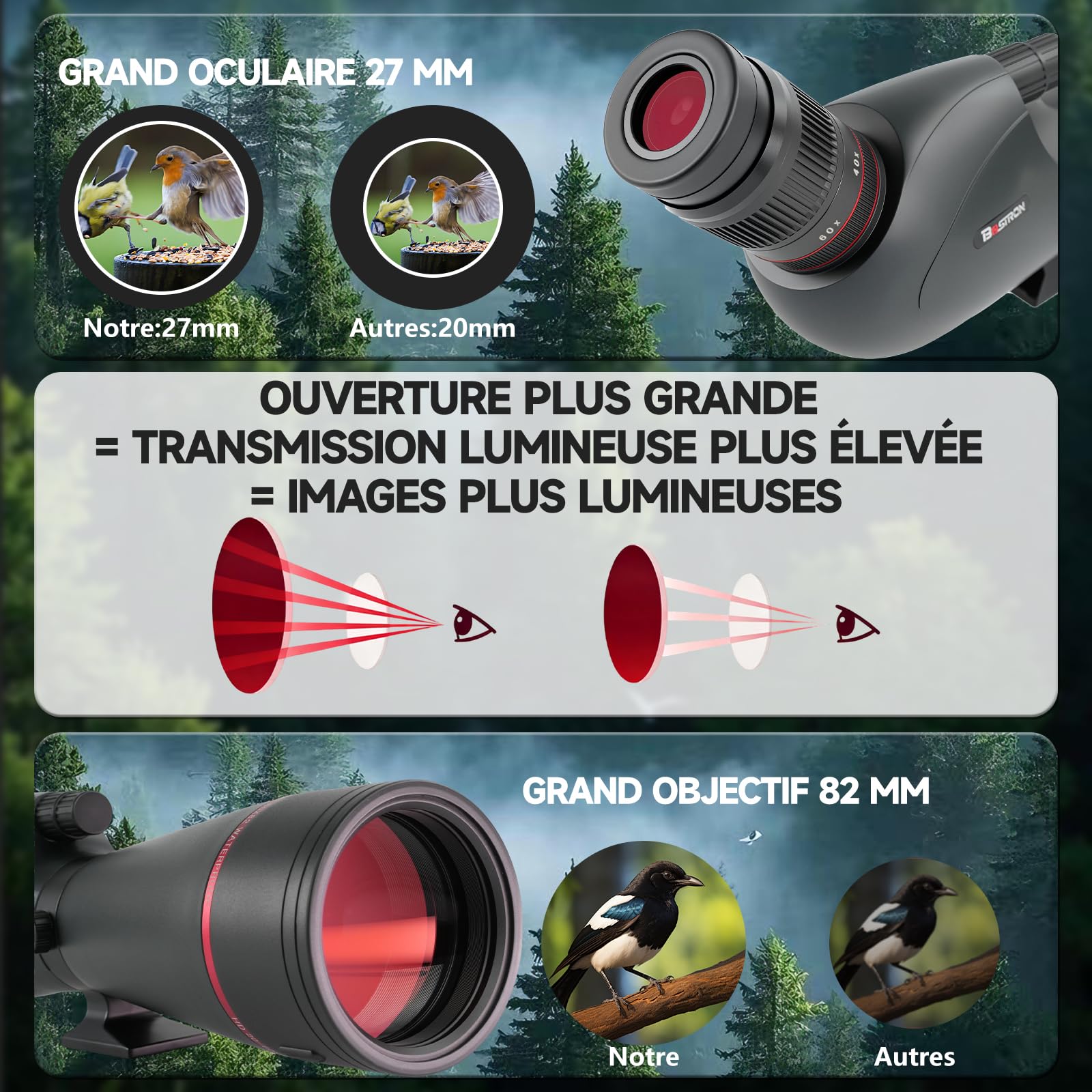Longue-Vue 20-60x82mm HD - Optique BAK4 FMC, IPX7 Étanche, Trépied + Adaptateur Téléphone - Observation Oiseaux Chasse Astronomie