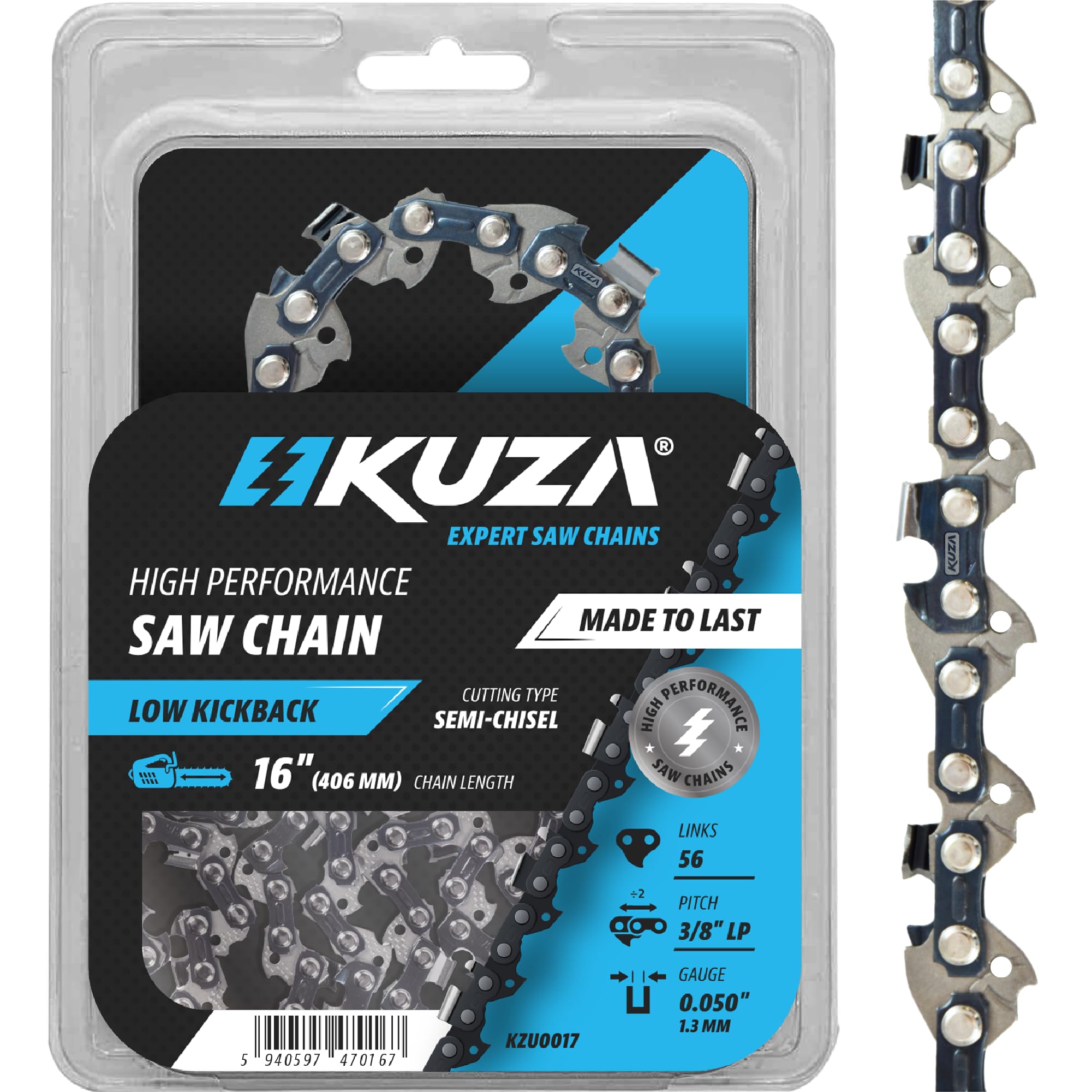 16 Inch Chainsaw Chain 3/8" LP Pitch, 050" Gauge, 56 Drive Links, German Steel, fits Husqvarna, Greenworks, Craftsman, Poulan, Homelite, Makita, Jonsered, Echo and more
