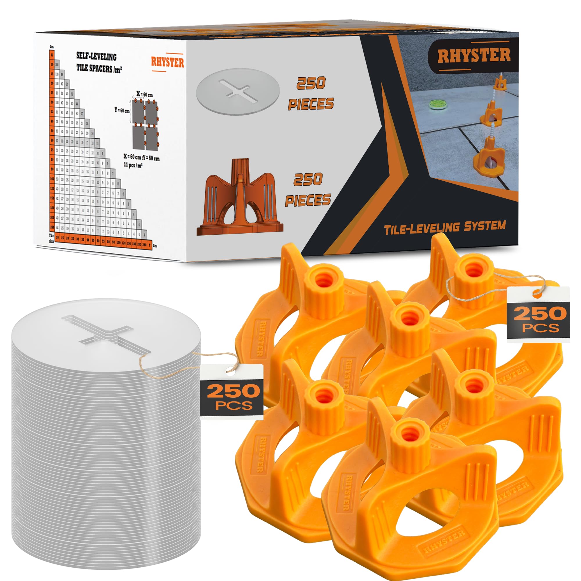 RHYSTER 250 Dials & 250 Reusable Protectors - Compatible with All RHYSTER Spacers (2 mm, 3 mm, 5 mm) | Professional Tile Self-Leveling System | Quick & Accurate Installation