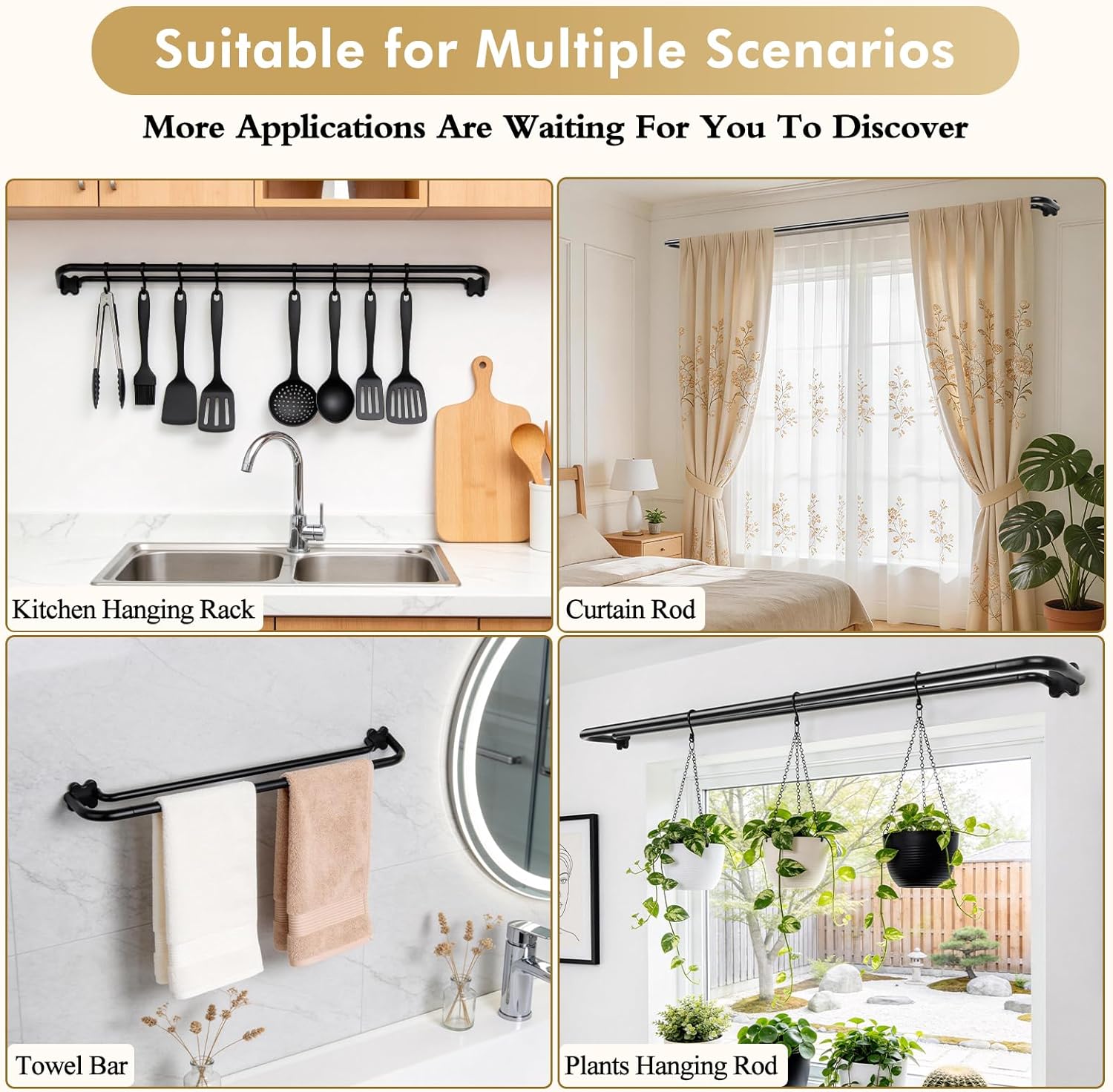 Black Wrap Around Double Curtain Rods Set, USFOOK Blackout Dual Curtain Rods for Windows 66 to 120 Inch, 6/8 Inch Room Darkening Curtain Rod 32 to 115 Inch, Decorative Drapery Rods for Home