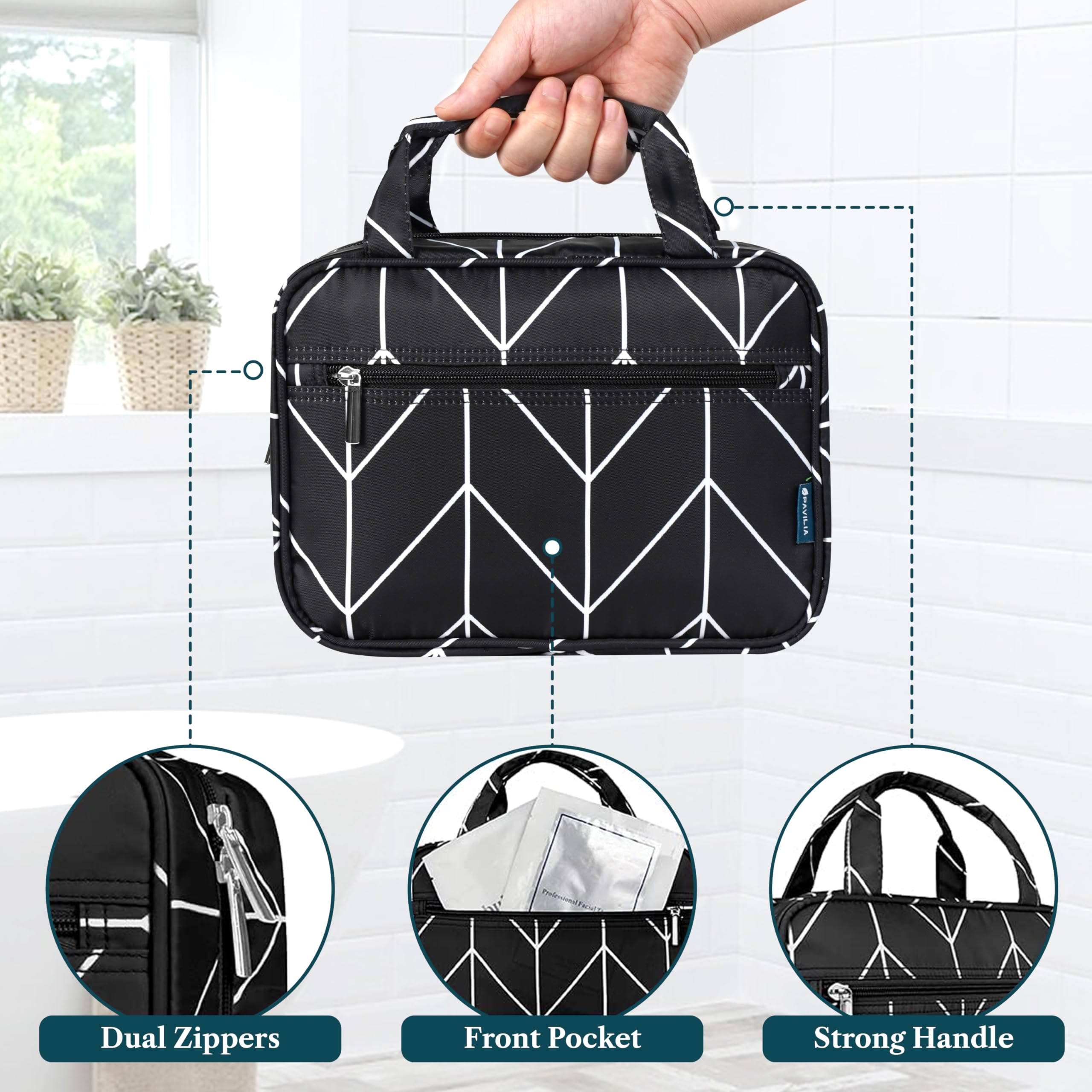PAVILIA Neceser colgante de viaje para mujeres y hombres, organizador de cosméticos plegable, resistente al agua, accesorios de tocador, kit de artículos de tocador grande, Negro (Chevron), Talla