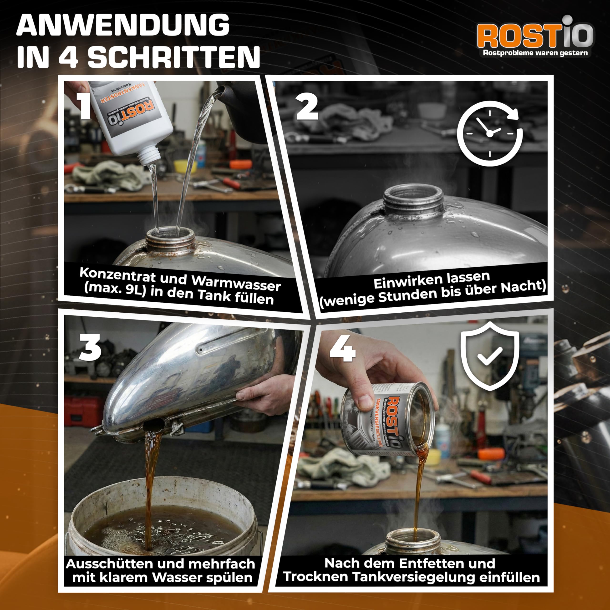 Rostio Tankentroster-Set 1L – inkl. 250ml Tankversiegelung – hochergiebig (1:10) – für Tanks bis 10L – Rostentferner & Korrosionsschutz – ethanolfest & flexibel – Set zur Tanksanierung