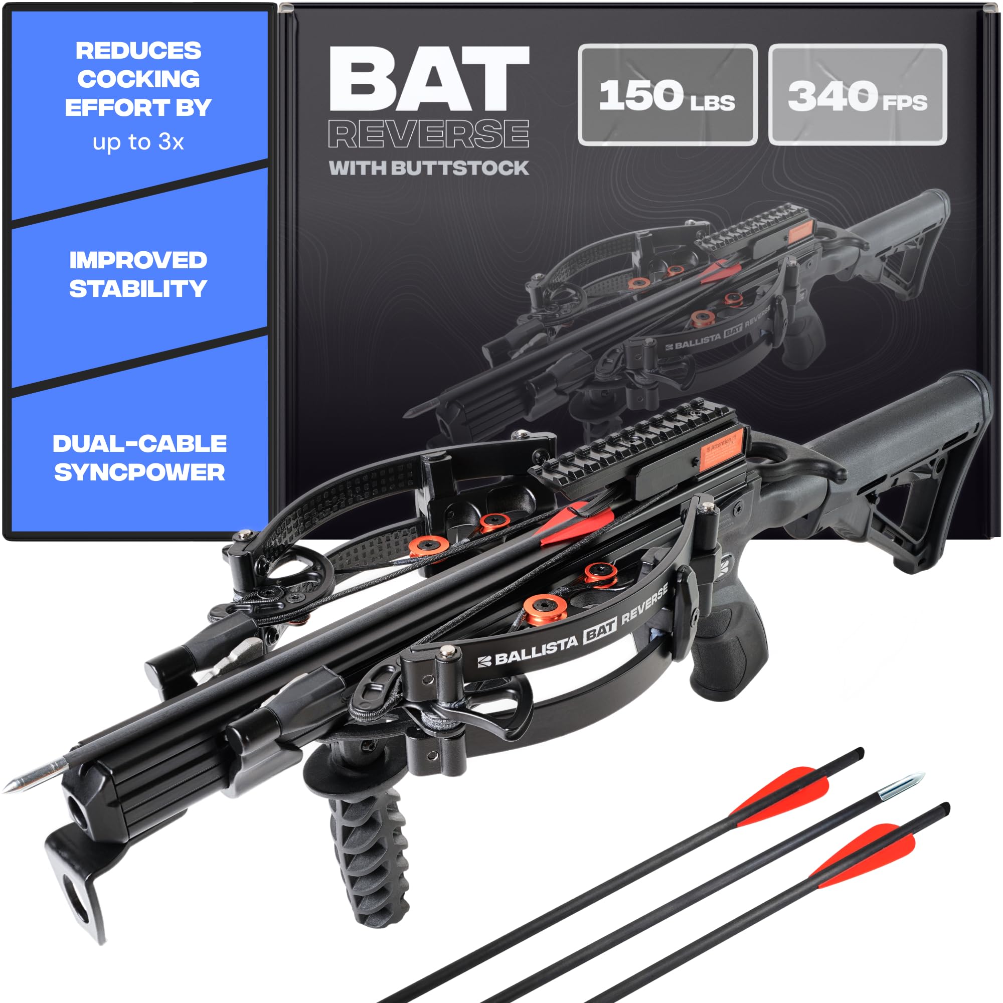 BAT Reverse Draw Compound Crossbow with L-Buttstock for Hunting, Bowfishing and Target Shooting – 340 FPS, 150 lb Draw Weight, Lightweight 4 lb Design