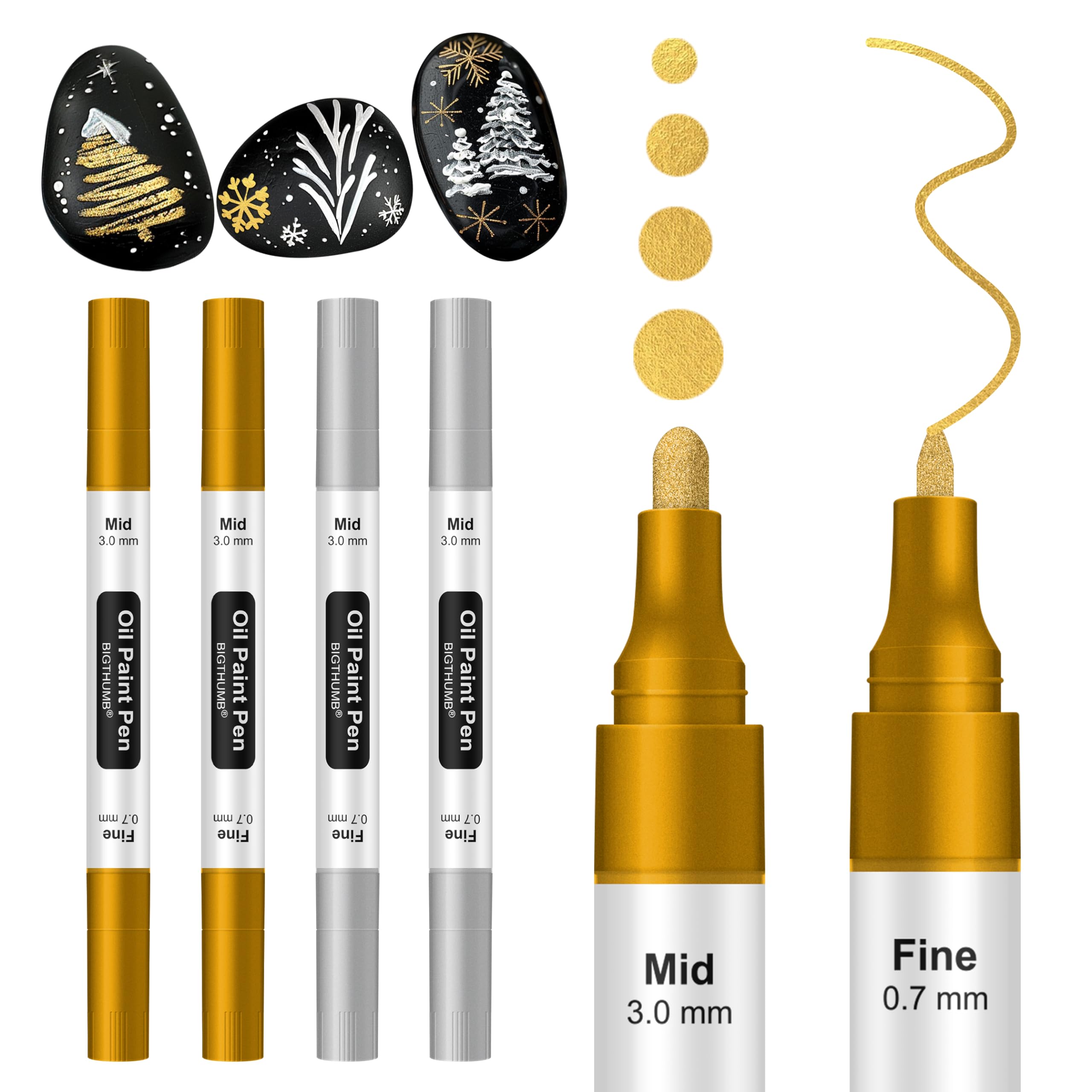 BIGTHUMB Oil-Based Marker Oil Paint Pens: 2 Gold 2 Silver Dual-Tip Permanent Oil Paint Marker(Mid 3mm Fine 0.7mm) for Rock Painting, Wood, Plastic, Metal, Canvas, Glass, Ceramic