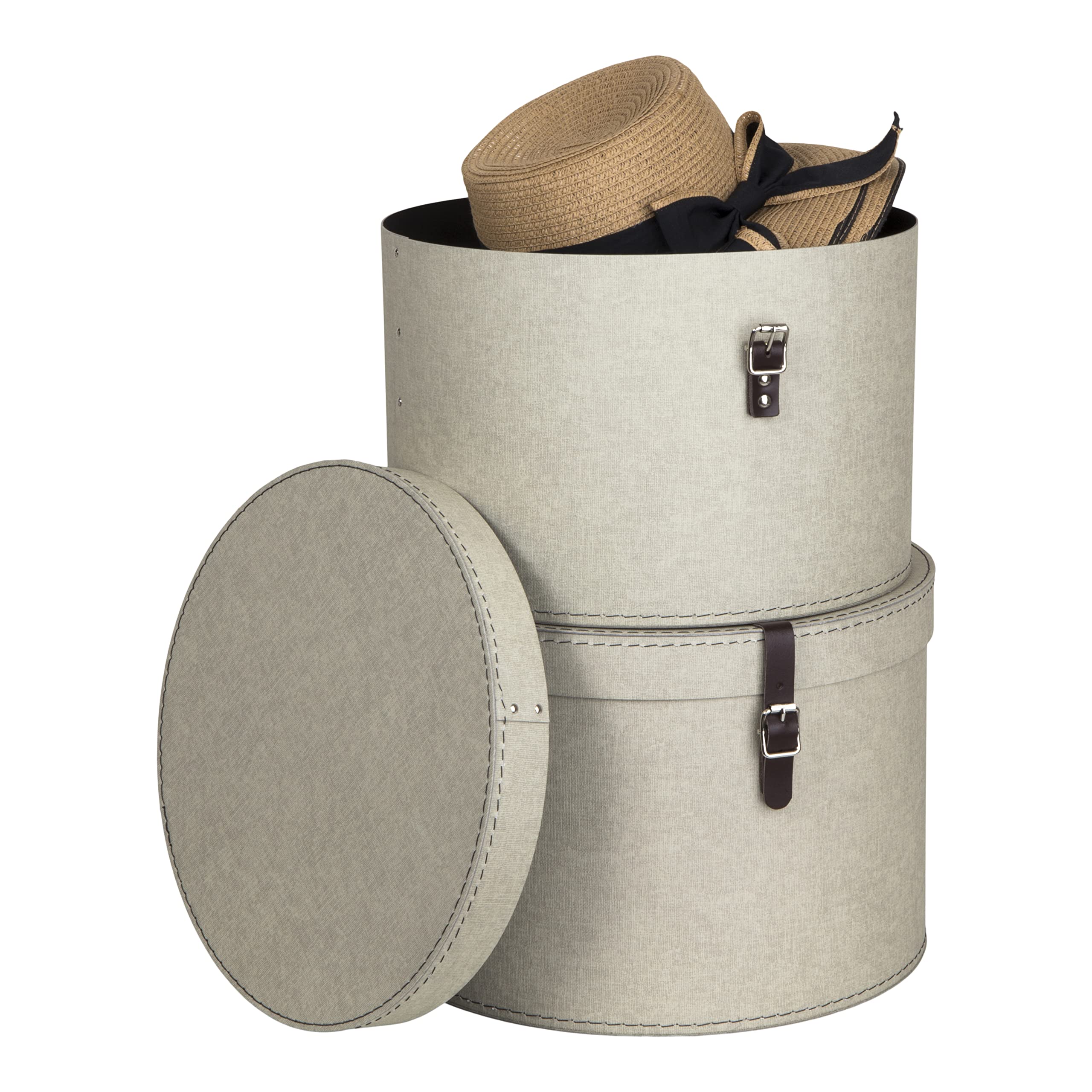 Bigso Box of Sweden Juego de 2 Cajas Redondas de Distinto Tamaño – Cajas con Tapa y Correa de Cuero – Caja Sombrerera de Tablero de Fibras y Papel con Aspecto de Lino - Beige