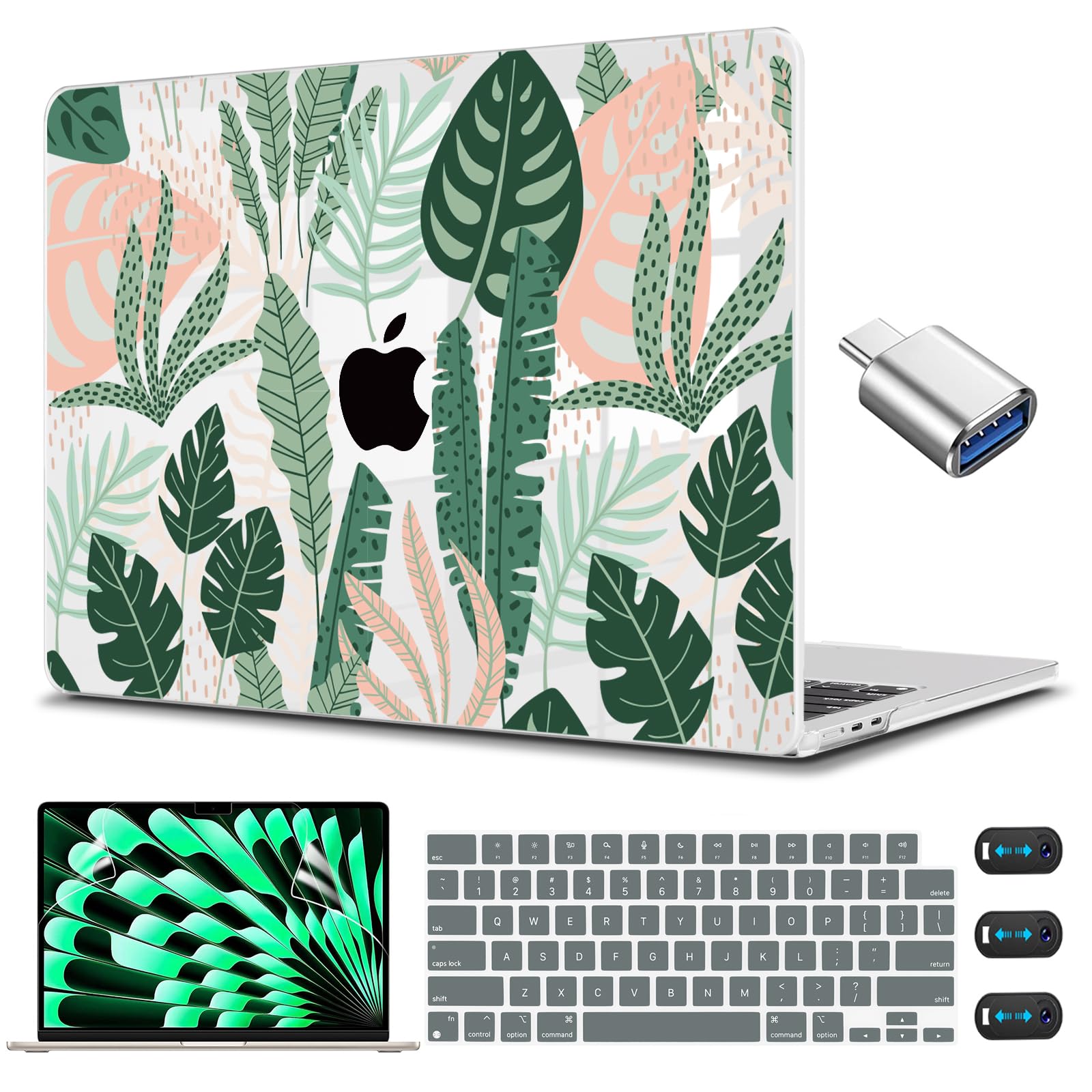 CISSOOK for MacBook Air 15 inch Case 2026 2025 2024 2023 Release A3448 A3241 A3114 A2941, Hard Shell Case with Keyboard Cover Skin USB Adapter for