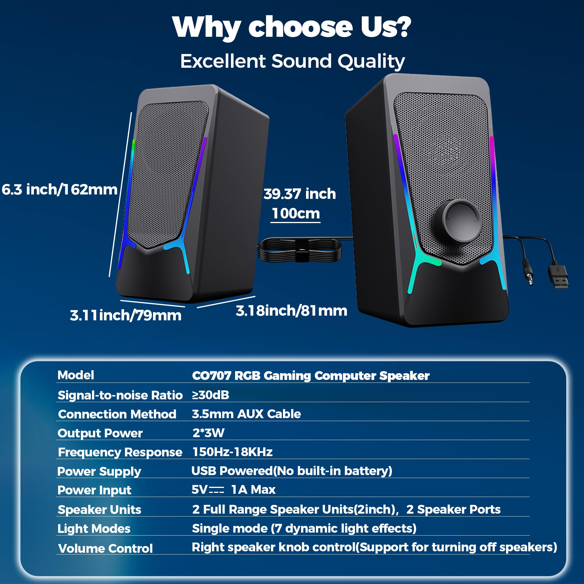 Altavoces de computadora, altavoces de PC para juegos con control mejorado de graves y volumen, estéreo 2.0 alimentado por USB de 0.138 in Aux multimedia altavoces para 6