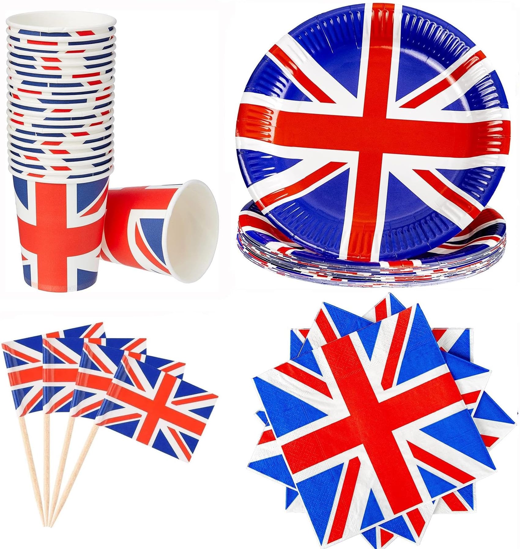 400Pcs Union Jack Party Tableware Set - 100 Each(Union Jack Plates, Cups, Napkins/Serviettes, Sandwich Flags Toothpicks) VE Day Celebration Party Set