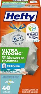 Hefty Ultra Strong Recovered Materials 13 Gallon Kitchen Trash Bags, 40ct | Made with 35% Recovered Materials, Gray 13 Gallon Trash Bags, Continuous Odor Control, Resists Leaks, Seaside Breeze Scent