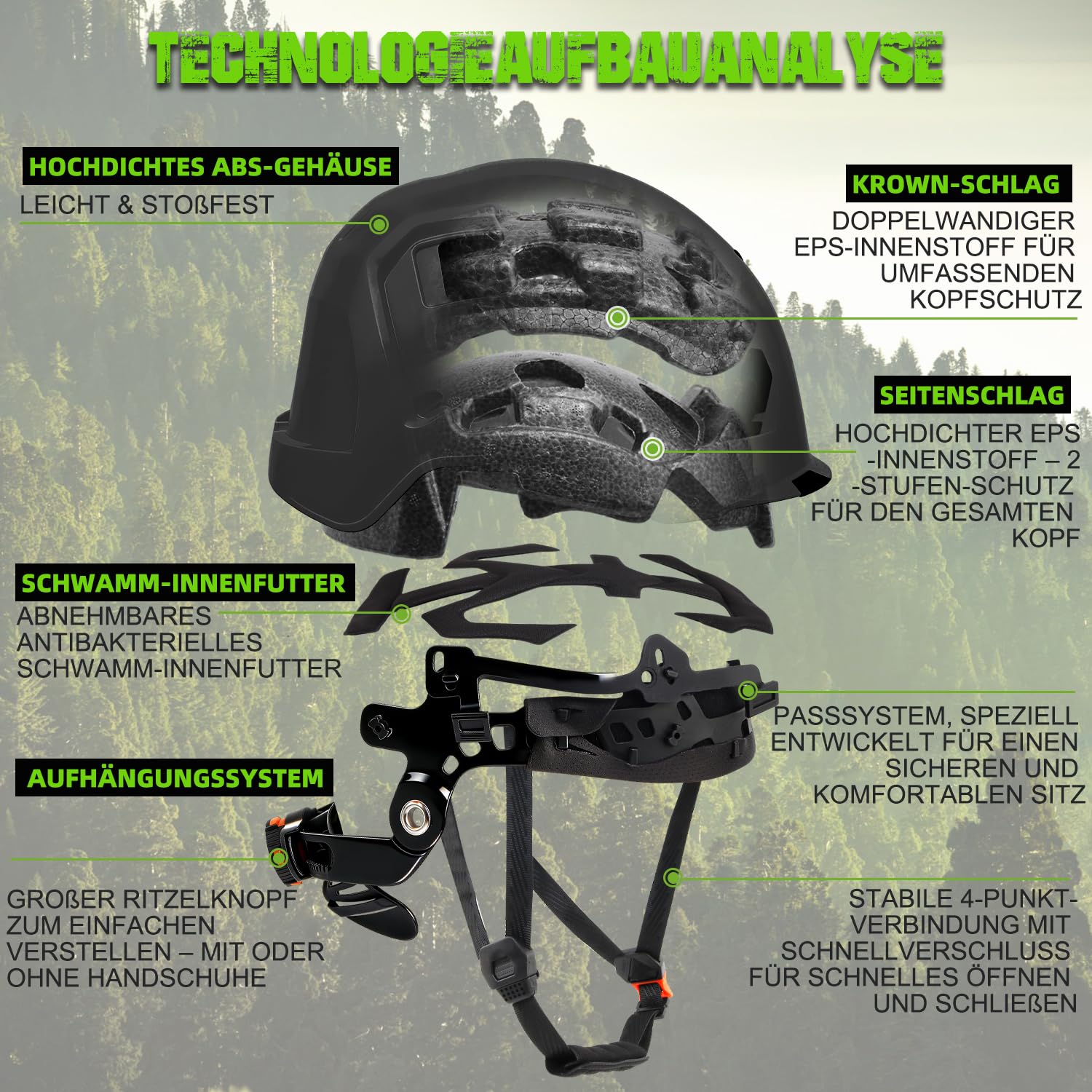 GREEN DEVIL VOLTEK Forest AIR Waldarbeits-Schutzhelm ABS Forsthelm für Hocharbeitsplätze Zertifizierung EN12492 Bestanden EN397 Stoßdämpfung und Eindringfestigkeit Test Berufsschutzhelm