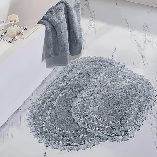 Miniatura 5 de Juego de 2 tapetes de baño de ganchillo gris 100% lavables, reversibles, ovalados (21 x 34 pulgadas17 x 24 pulgadas)