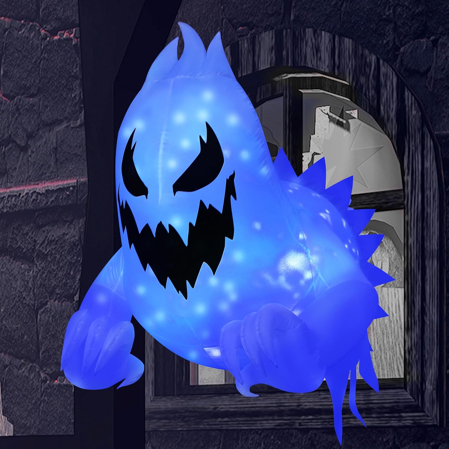 Joiedomi 4.5 FT Halloween Inflatable Scary Ghost Outdoor Decoration, Inflatable Window Breaker Decoration with Rotating Purple LEDs, Blow Up Ghost Halloween Window Decor for Party Garden Yard Decor Evil Ghost