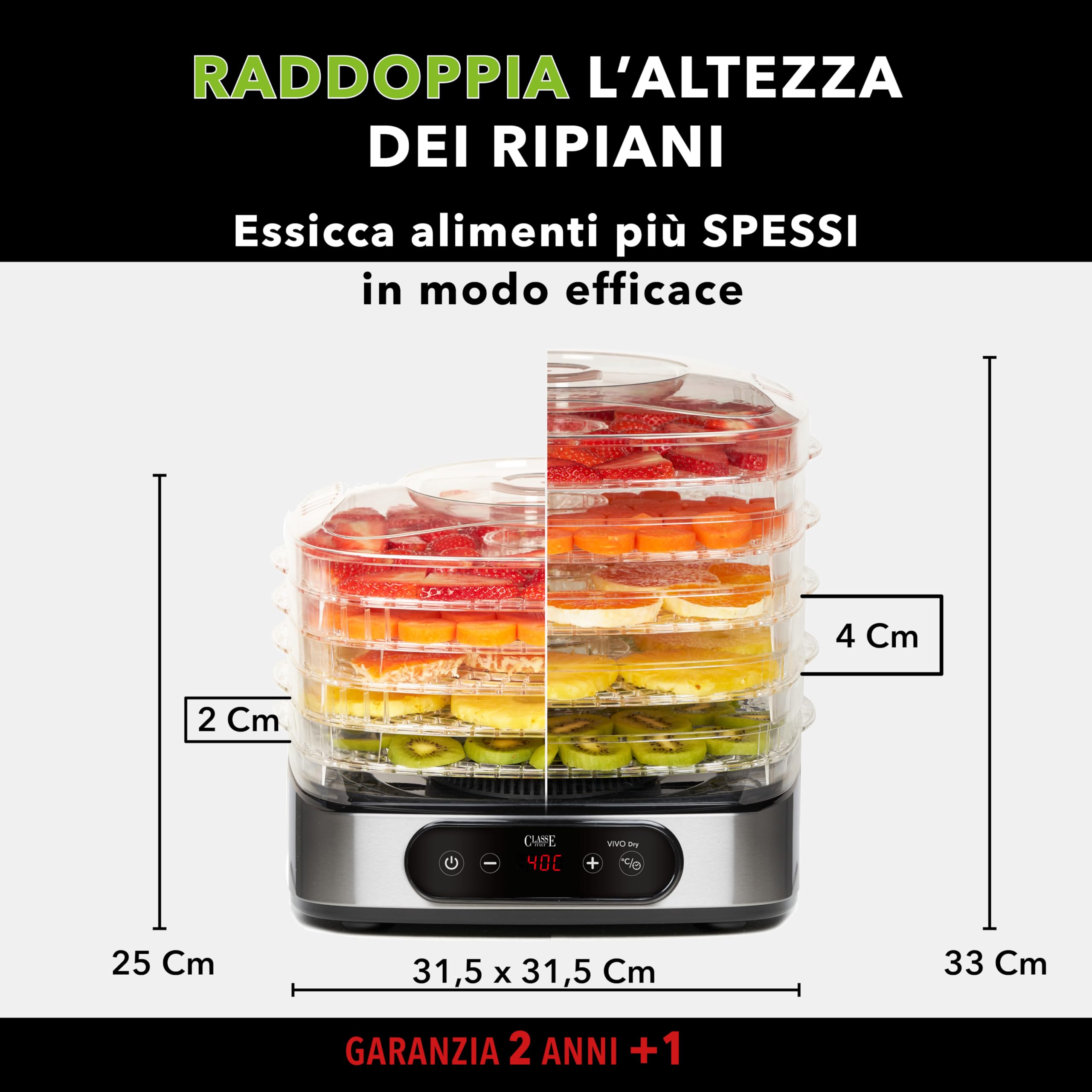 Classe Italy | Essiccatore Alimentare, Consumi Bassi, Senza BPA, GARANZIA 5 ANNI, Essiccatore Funghi, Frutta, Verdura, Carne, Pesce, Frutta secca, 380 W, 23 Litri, Acciaio