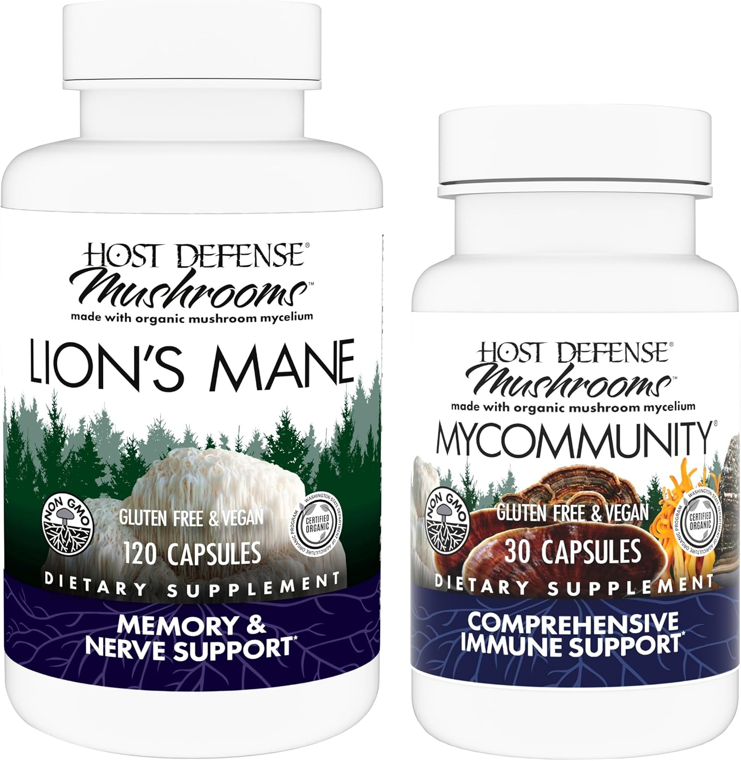 Host Defense Bundle with Lion’s Mane Capsules, 120 Count & MyCommunity Capsules, 30 Count – Support Brain Health, Memory & Focus – Support Immune Health with 17 Species Mushroom Blend