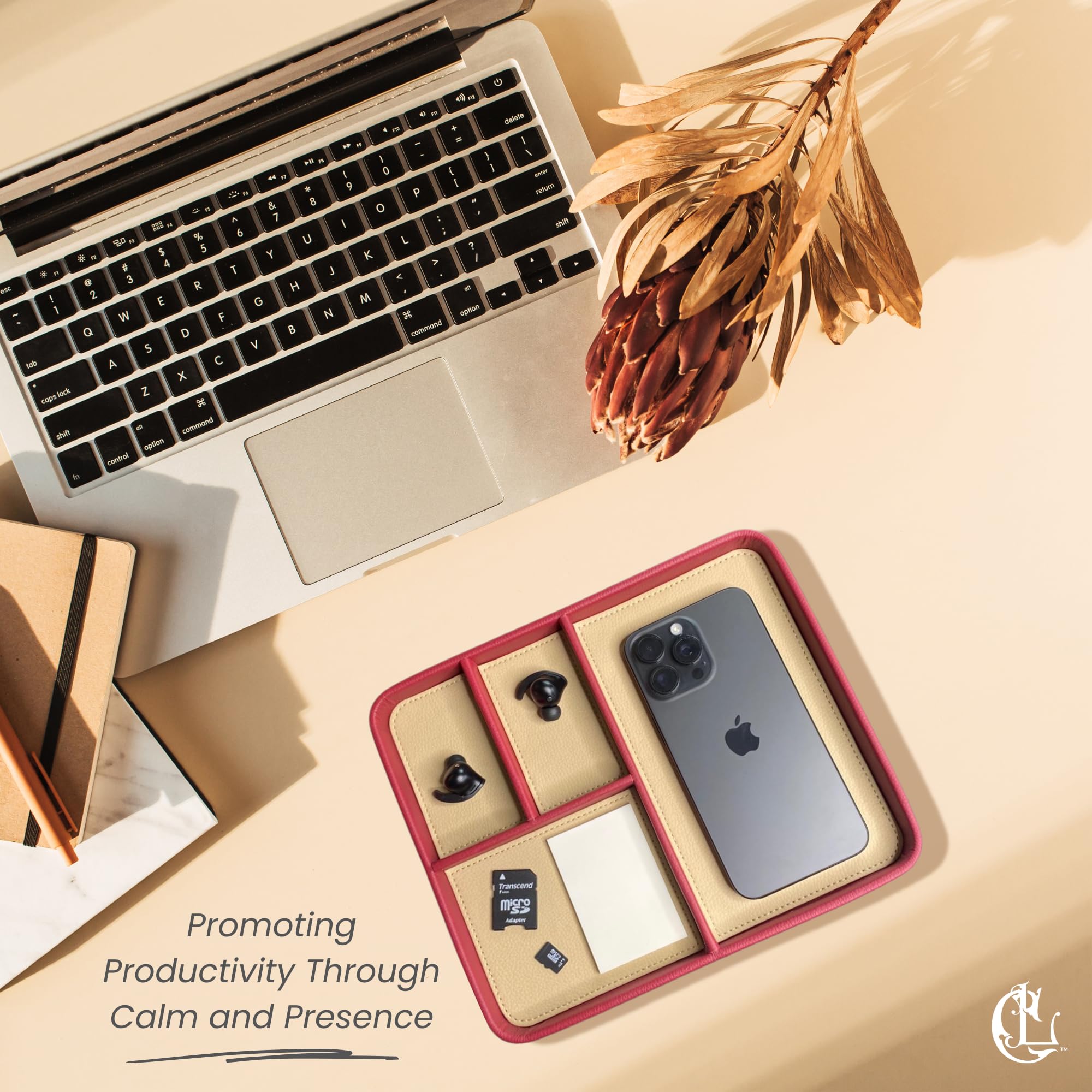 The Chill Tray - Desk Organiser Valet Tray - Premium Vegan Leather, EDC Catchall, Versatile Storage, Phone, Jewellery, Office Accessories, Keys, Watch, Bedside Table Caddy (Rhubarb & Custard) - Image 3