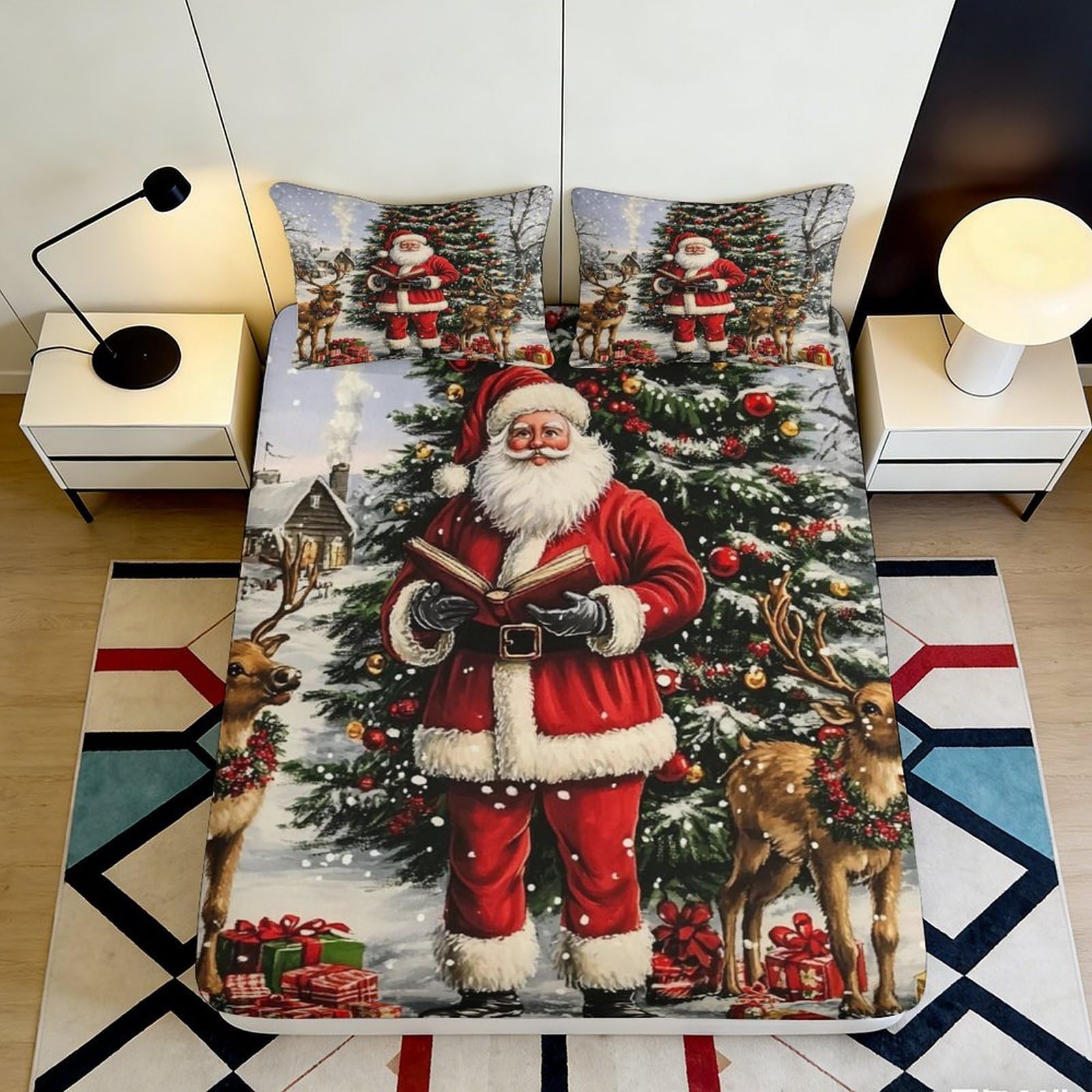 3D Printed Christmas Tree Fitted Sheet Microfiber Soft Santa Claus Bed Cover for Bedroom Guest Room Decor Protection 90x200x25cm