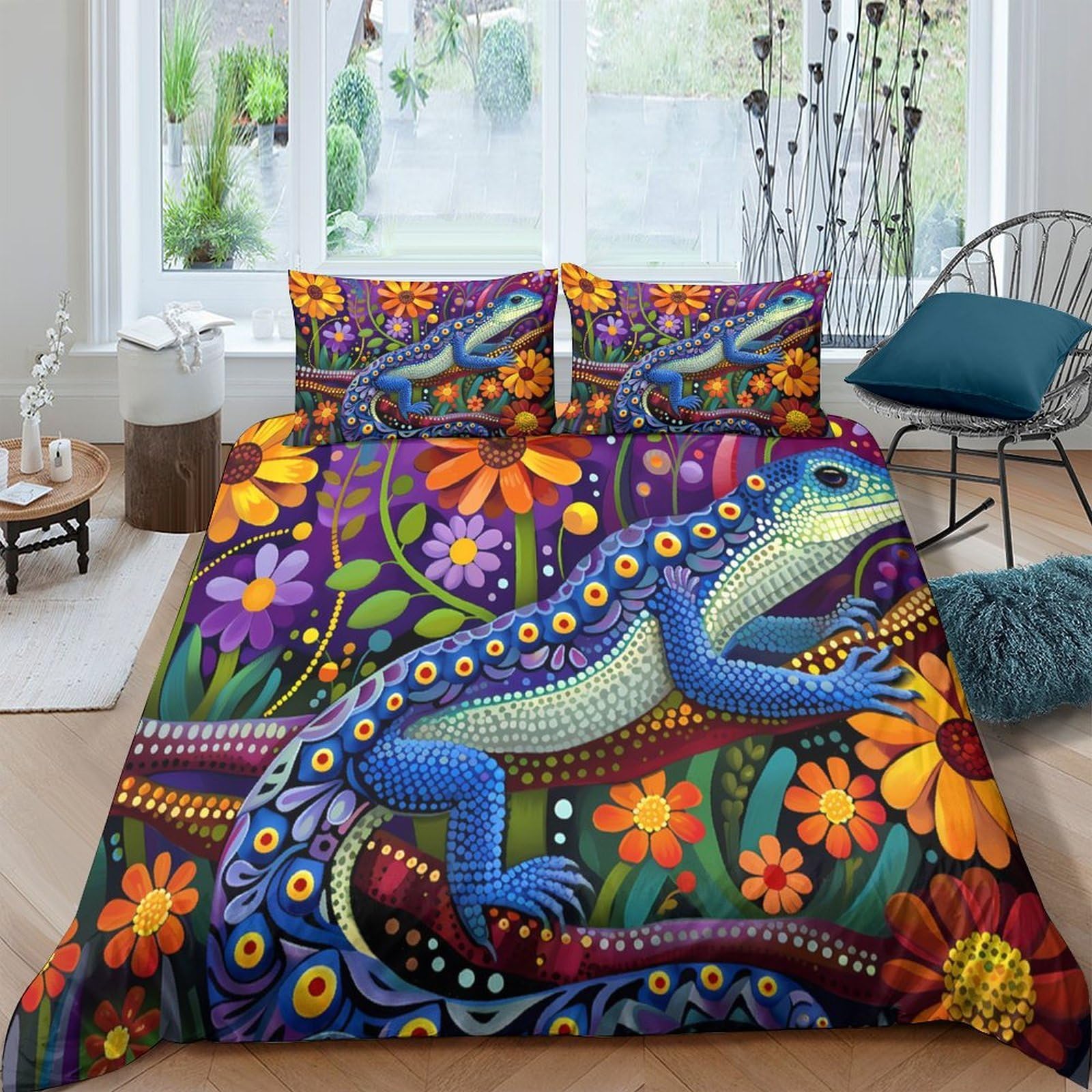 Ctjqhvkz Style-3 3D Printed Lizard Jungle Fitted Sheet Microfiber Bright Floral Mattress Cover For Bedroom Dorm Easy Care Single（135X200cm）