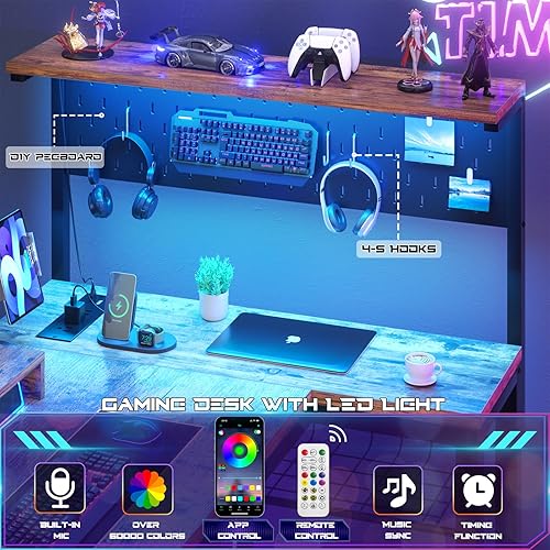 Miniatura 6 de Homieasy Escritorio pequeño para juegos con tomas de corriente, luz LED de tablero de clavijas, escritorio de computadora en forma de L de 43