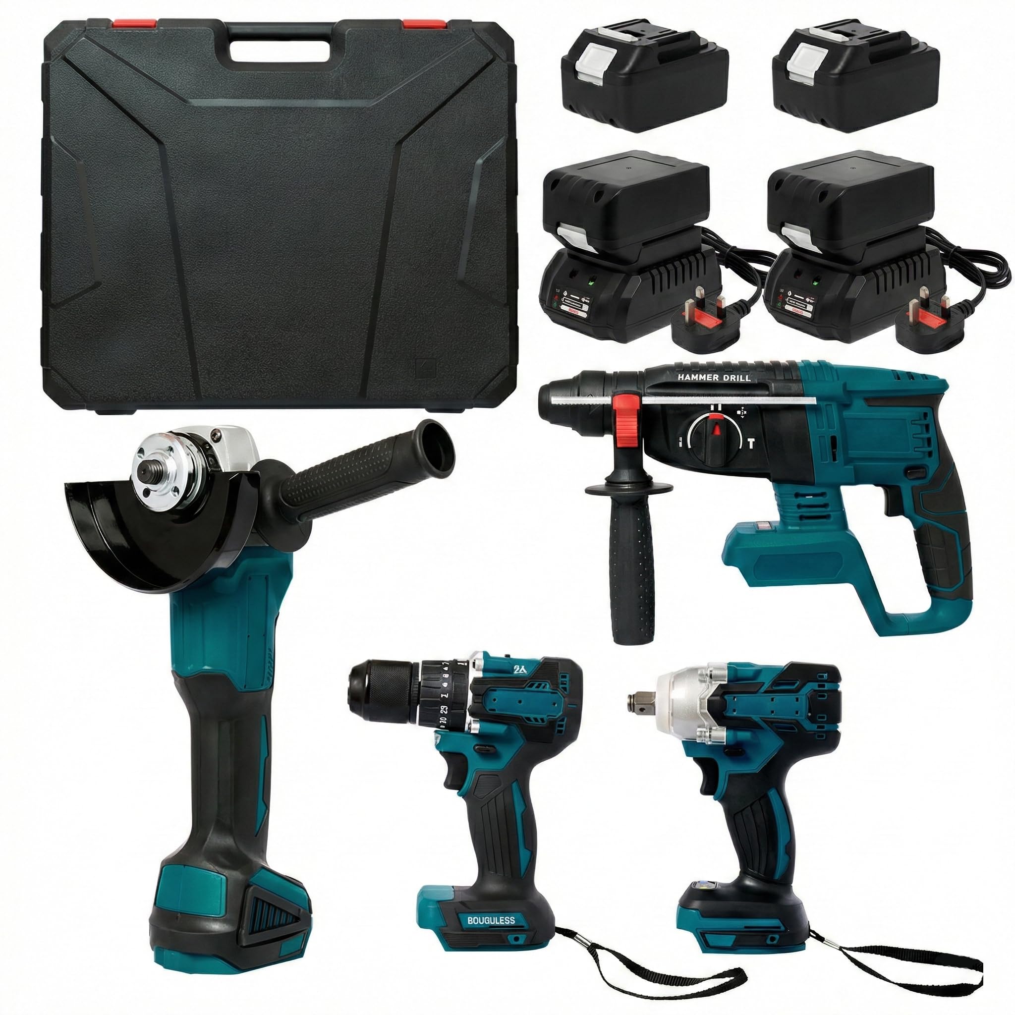 – 21V Cordless Brushless 4-Tool Combo Kit with 4 x Batteries | Angle Grinder, Drill, Electric Hammer, Impact Wrench | Power Tool Set for DIY & Construction (Includes Carry Case)