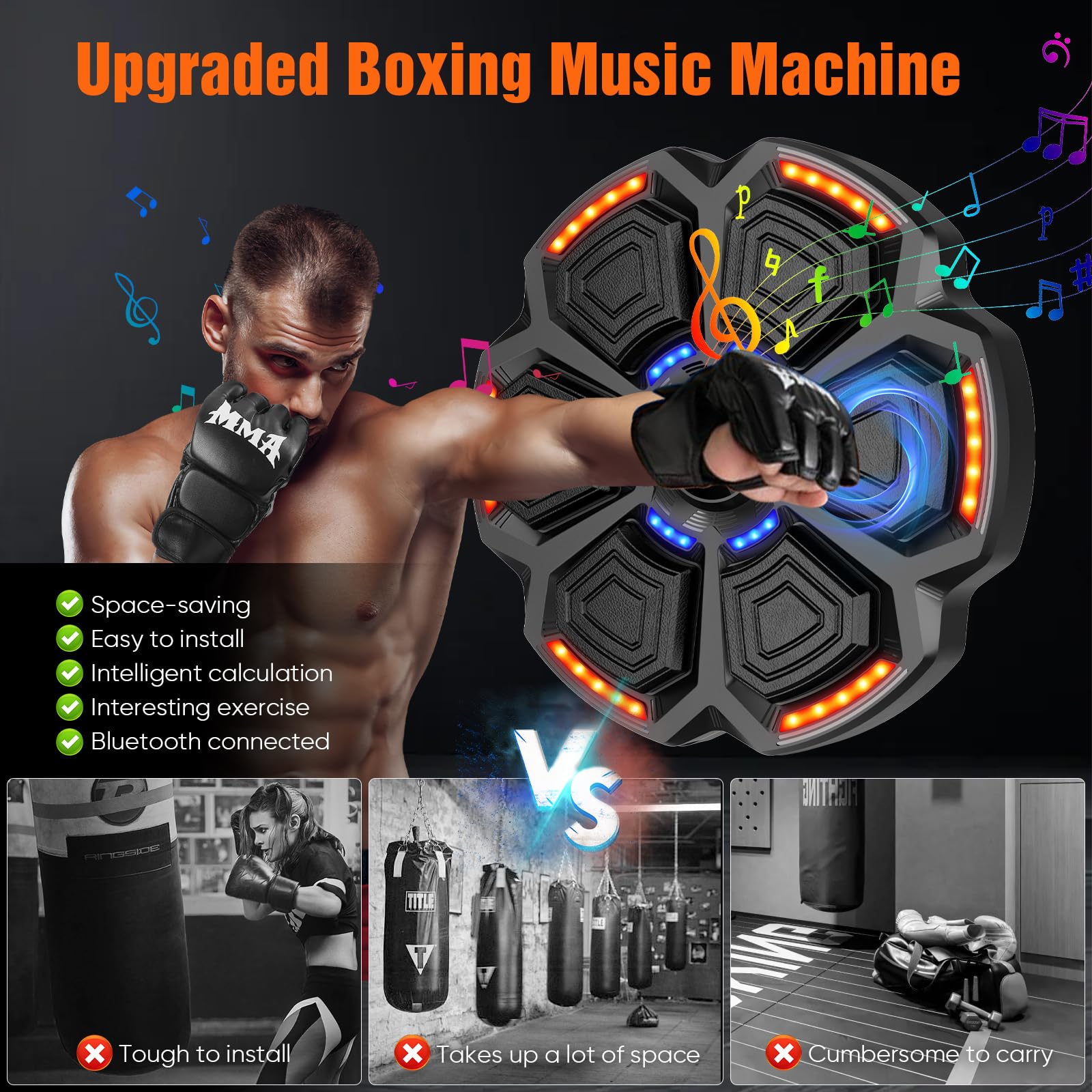 Music Boxing Machine Adulti,9 modalità di velocità Macchina da Box Musicale Pugile con Guanti da Boxe,LED Parete Tira Pugni con Musica,Supporta Bluetooth,regolazione della velocità