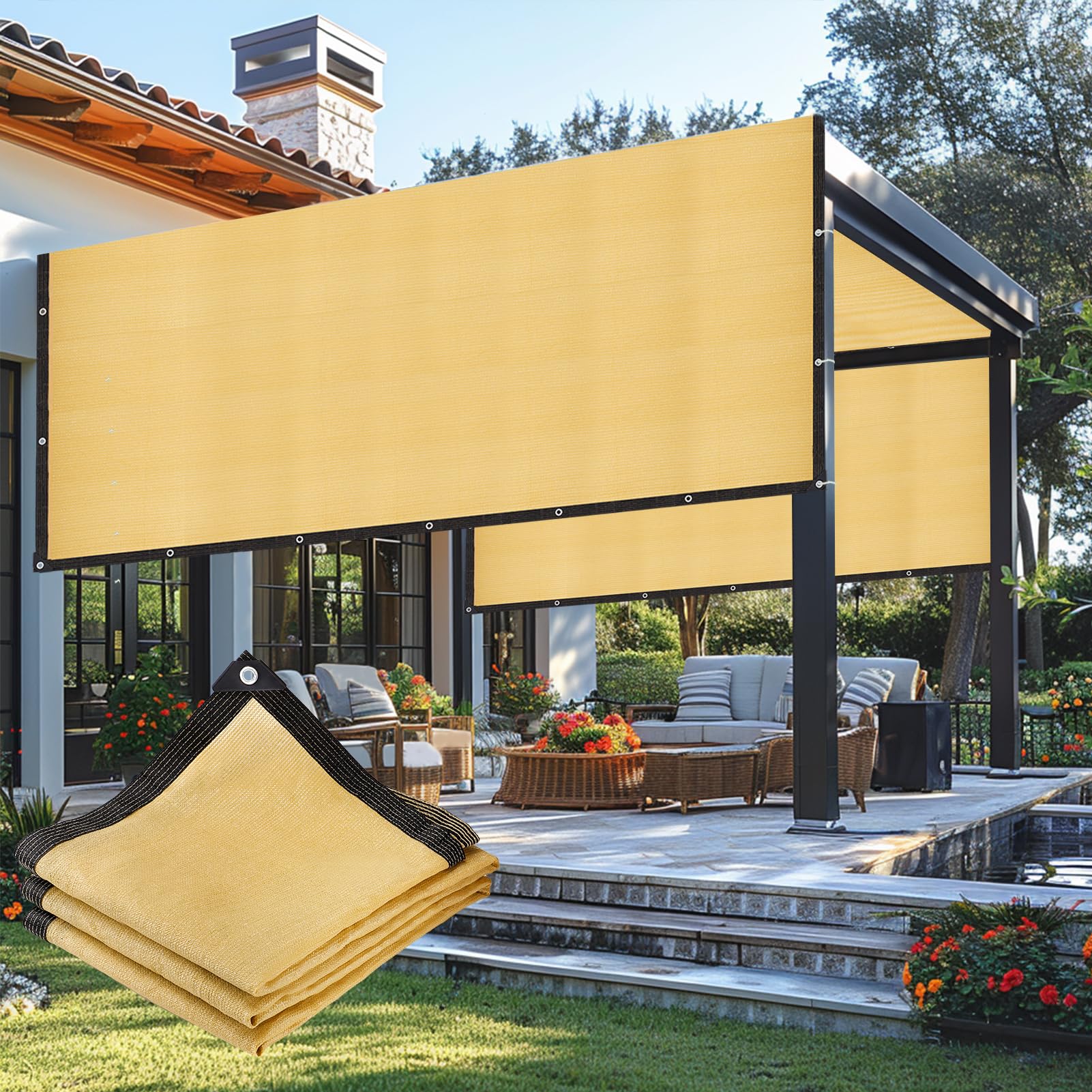 10x10ft Pergola Shade Cover - 95% Sun Shade Cloth with Ropes & Grommets, Reinforced Outdoor Shade Canopy for Pergola Porch Patio Backyard Carport, Durable Anti-UV Pergola Cover Replacement, Beige