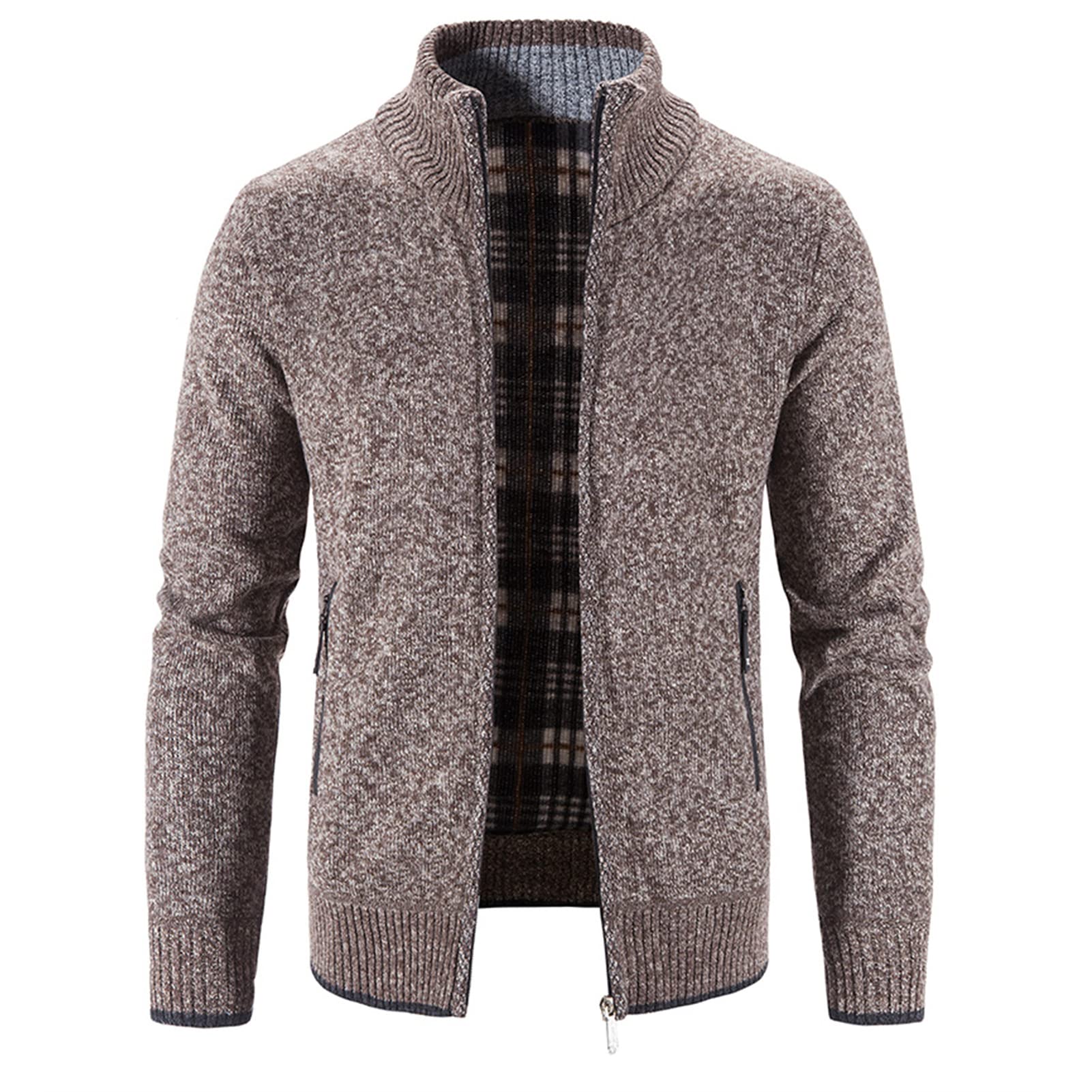 Men Full Zip Up Cardigan Sweaters Slim Fit Flannel Lining Knitted Cardigans Zipper Thick Casual Knit Sweater Coat (Brown,Medium)