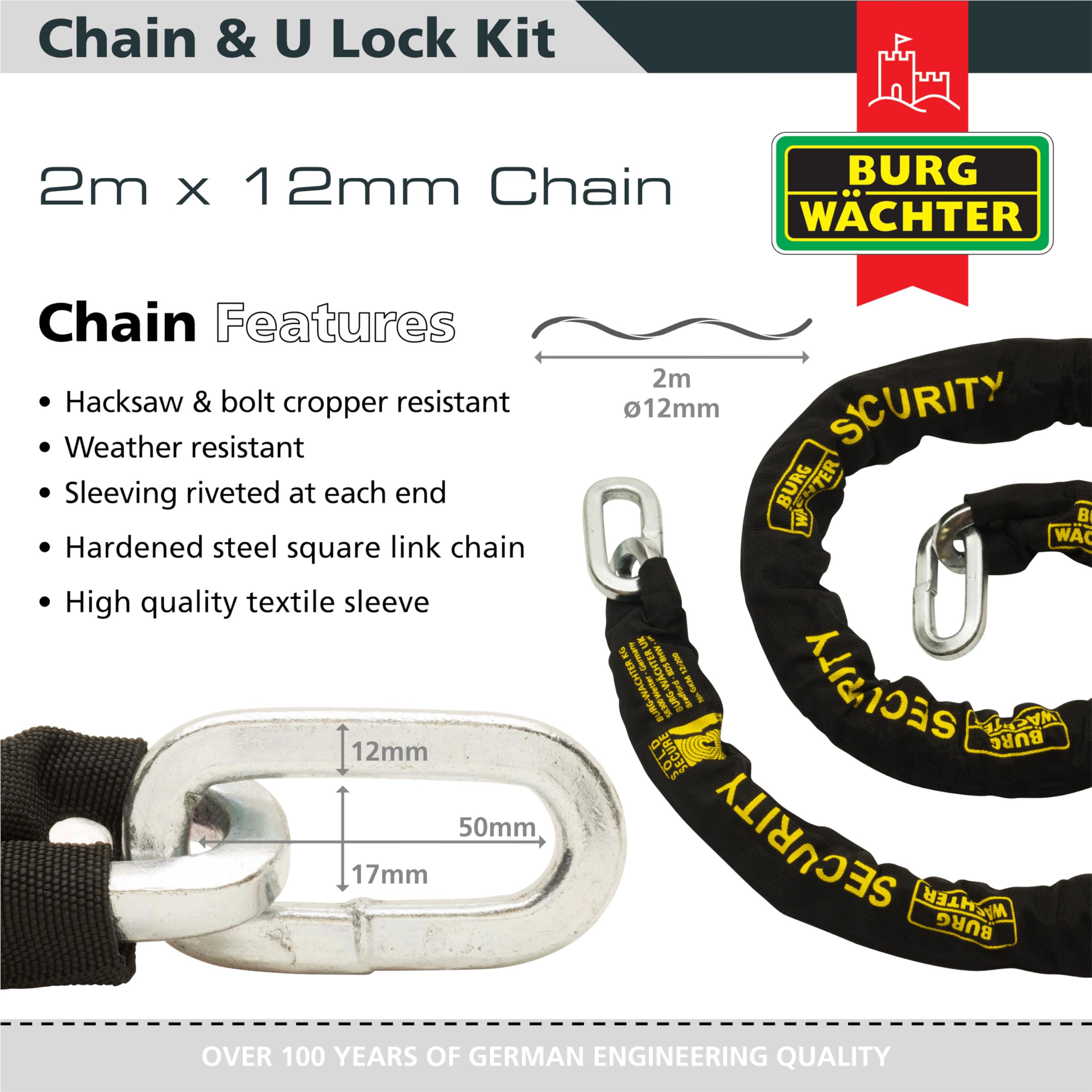 Burg-Wachter Sold Secure Diamond & Gold 12 mm Kette mit gleichschließendem Verschluss, Schwarz, 2 m