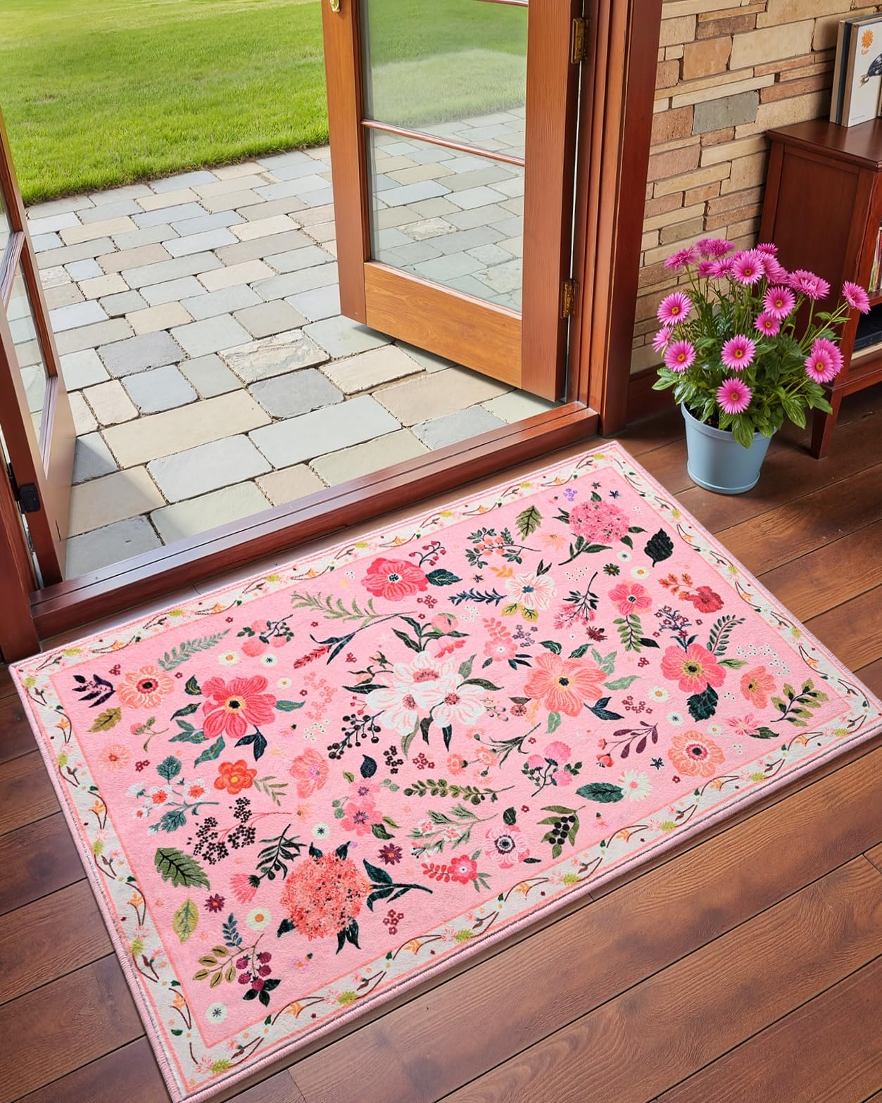 Macgace 2x3 Pink Floral Rug for Entryway, Flowers Printed Washable Small Rugs with Non Slip Backing for Girls Bedroom Kitchen, Cute Throw Carpet Front Door Entry Decor — image 1