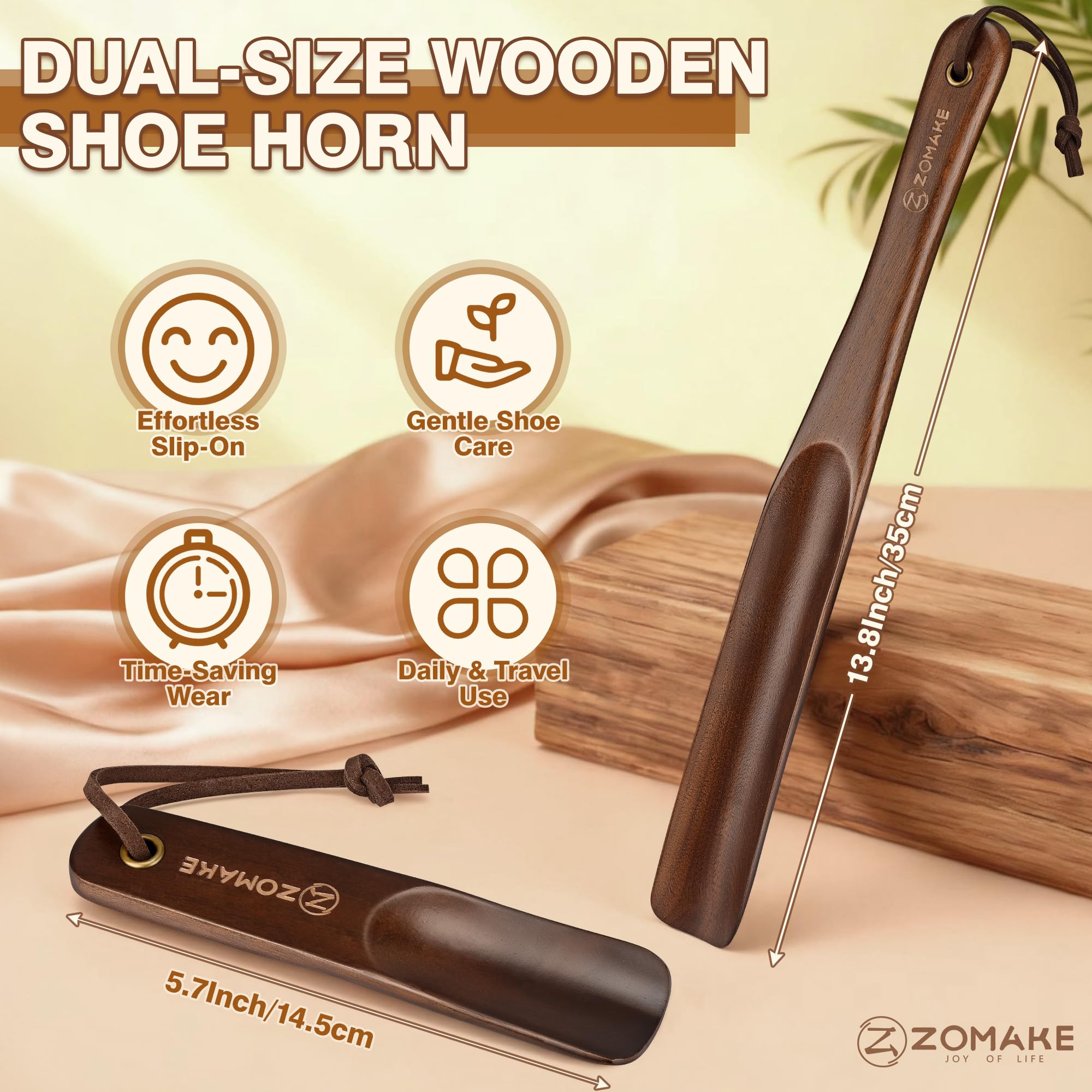 ZOMAKE Calzador de Zapatos Madera,Calzador de Madera Largo 35 cm y Calzador Madera Pequeño Corto 14.5 cm para Hombre Mujer Mayores Niños Ancianos,Calzadores Zapatos Estable,Nogal Material(2 Unidades)
