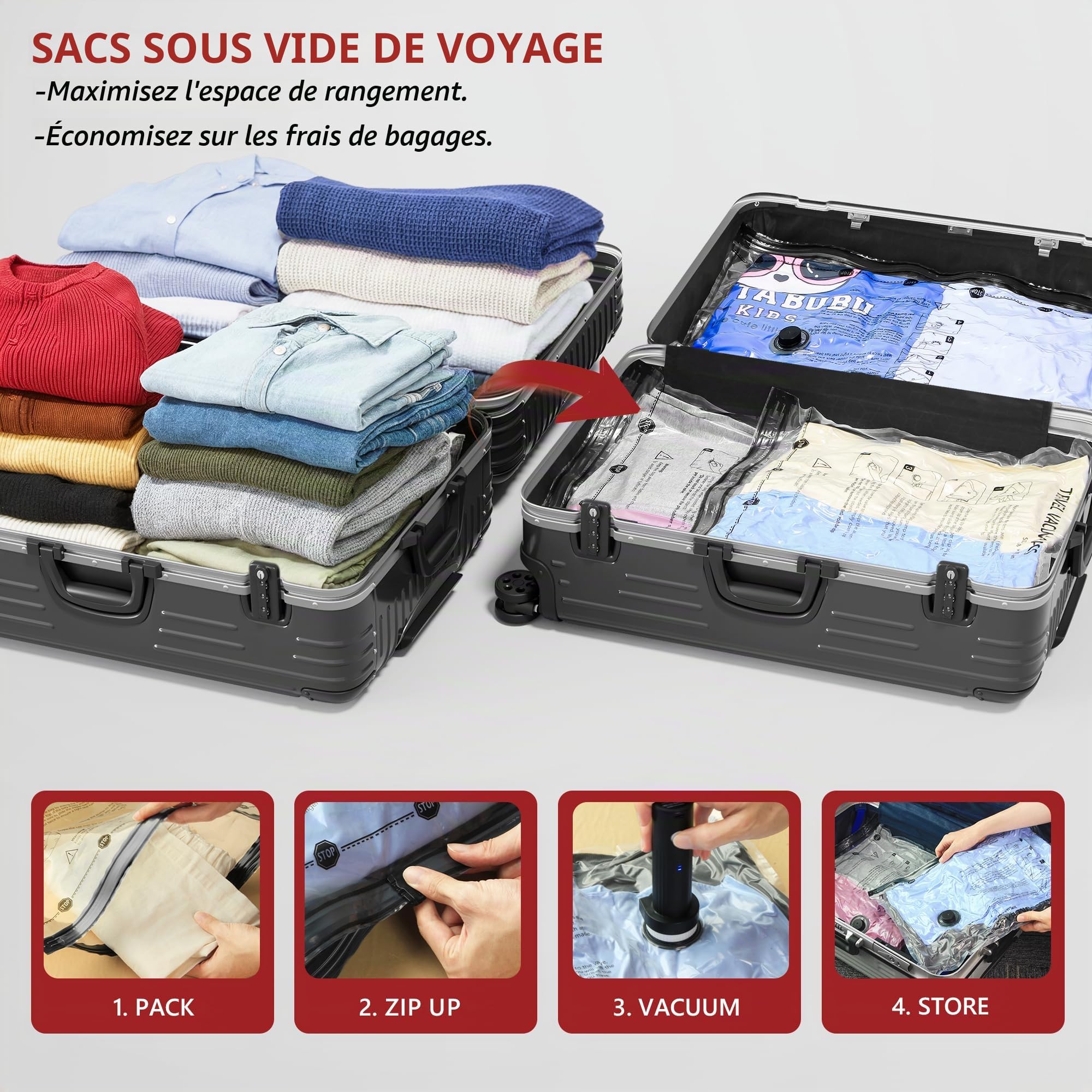 Lot de 18 sacs sous vide de voyage pour vêtements avec pompe électrique rechargeable, cubes d'emballage de compression pour bagages, valise, sacs hermétiques économiseur d'espace pour les vacances