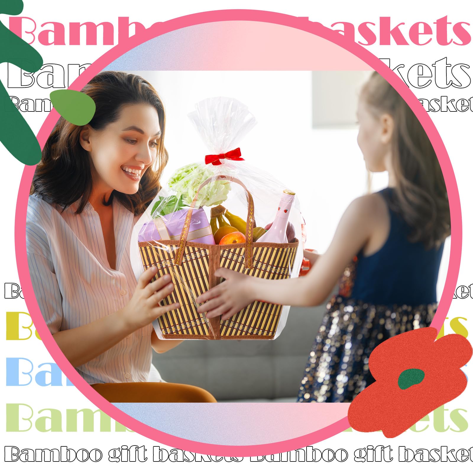 Quzzil Set di 6 cesti per regali vuoti, robusti e grandi, in bambù, con manico, con fiocco rosso da riempire per festa del papà, Natale, matrimoni, baby shower, compleanni, biglietti regalo