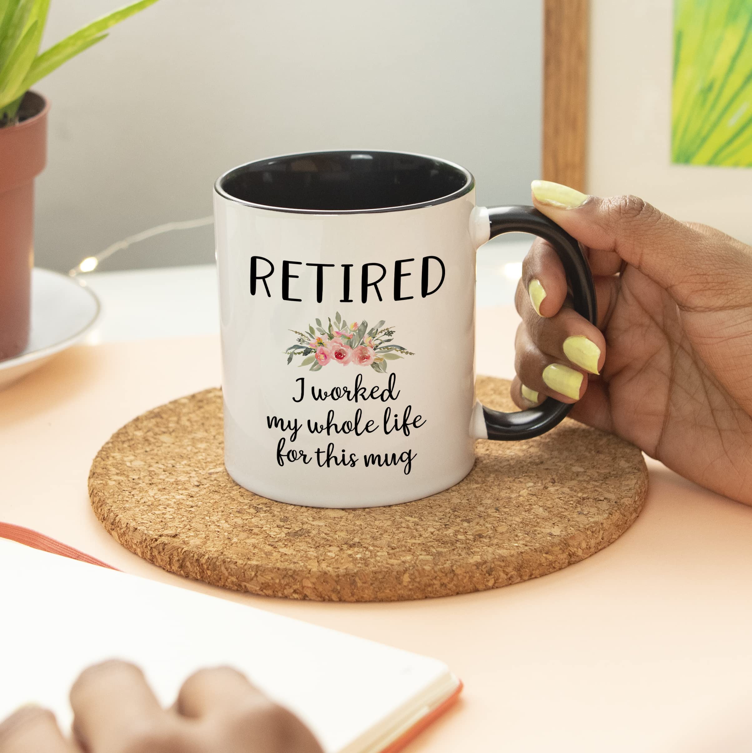 Retirement Coffee Mug For Women – 11oz White Ceramic Mug With Black Handle, Dishwasher Safe, Made In USA
