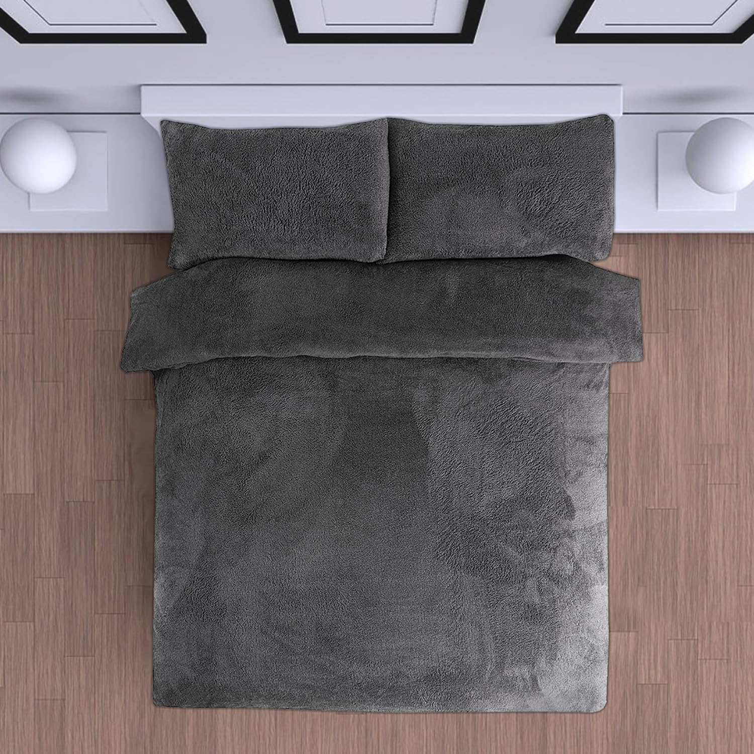Teddy Fleece Duvet Cover With Pillowcase, 2Pcs Thermal Bedset Warm & Cosy Fluffy Fleece Teddy Bear Bedding Set (Charcoal, Single)