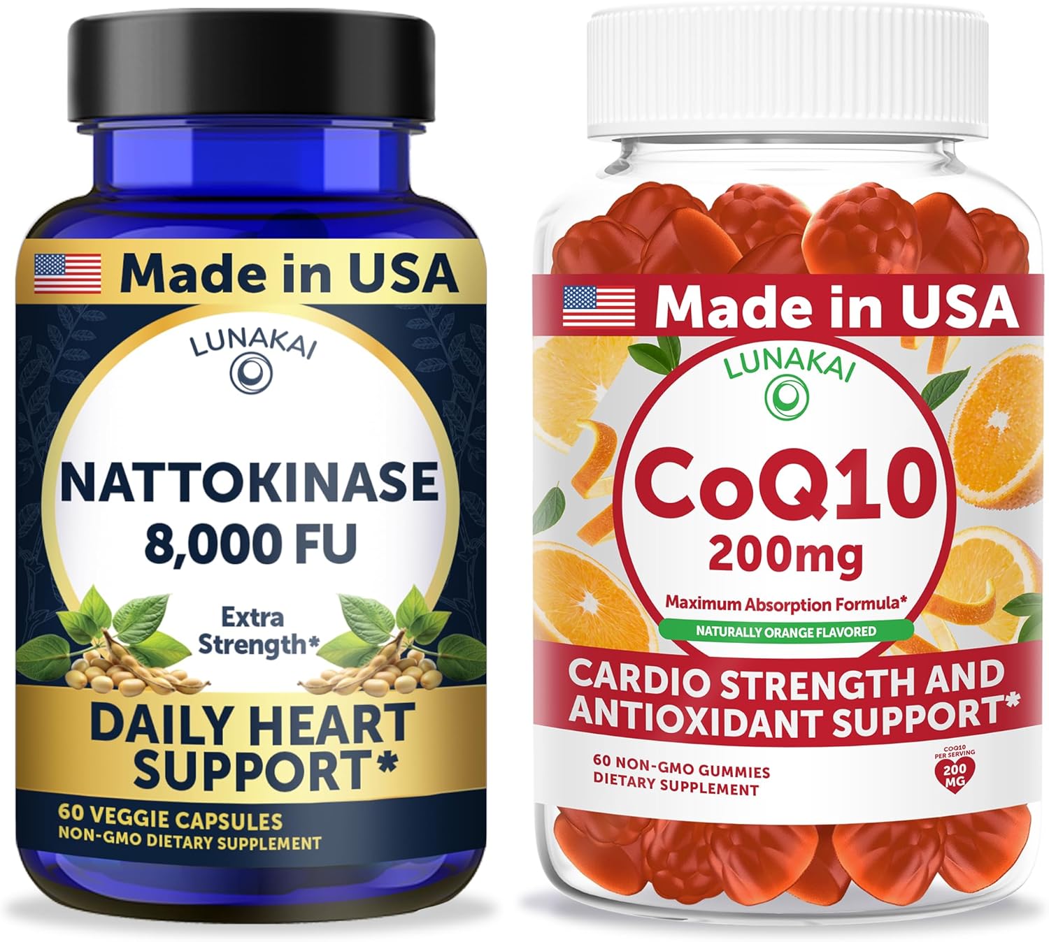 Lunakai USA Made Nattokinase 8000 FU Capsules + CoQ10 200mg Gummies Bundle – Non-GMO – 60ct Each