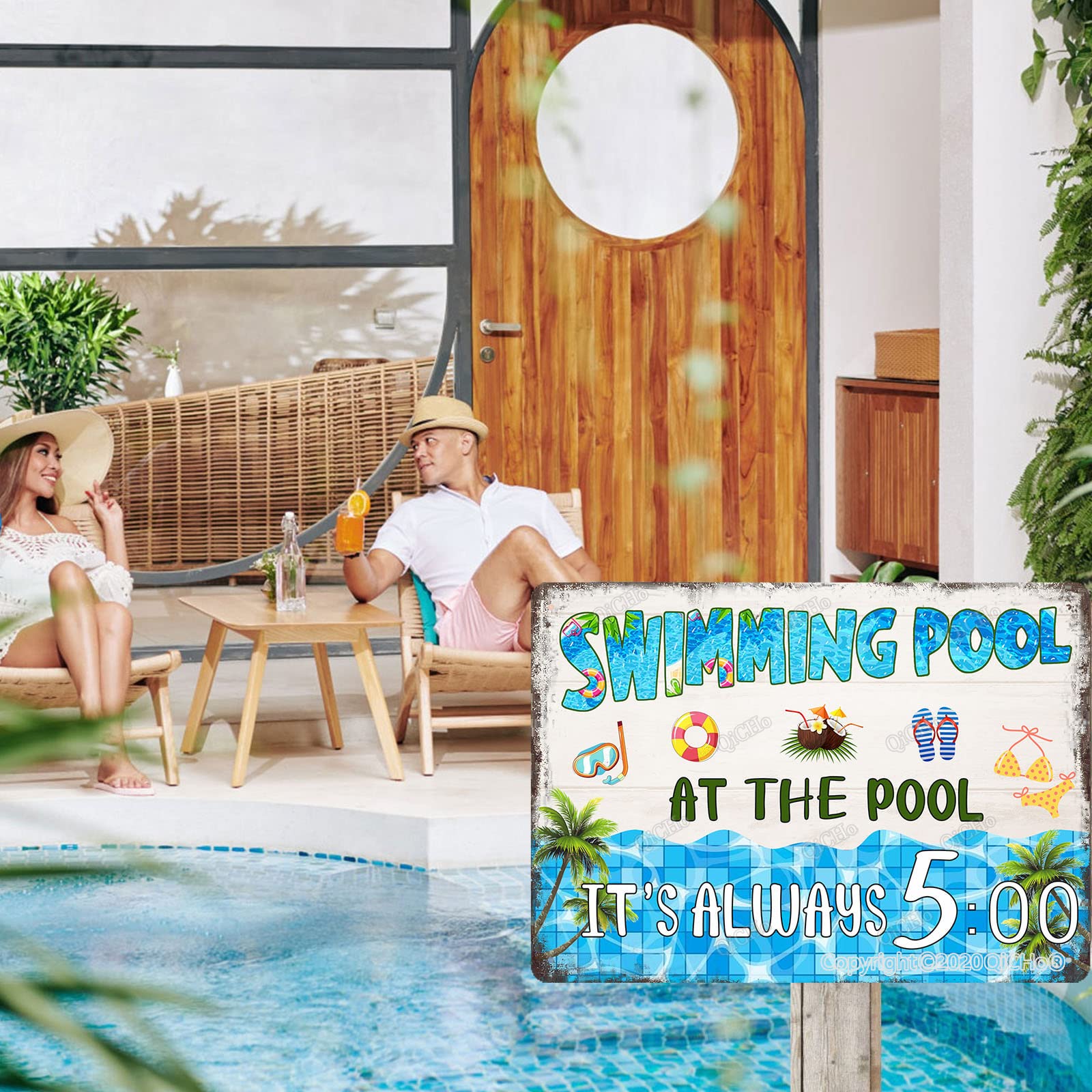Pool-Regel-Schild Aus Aluminium – Witziger Spruch „At The Pool It's Always 5:00“ Für Drinnen & Draußen