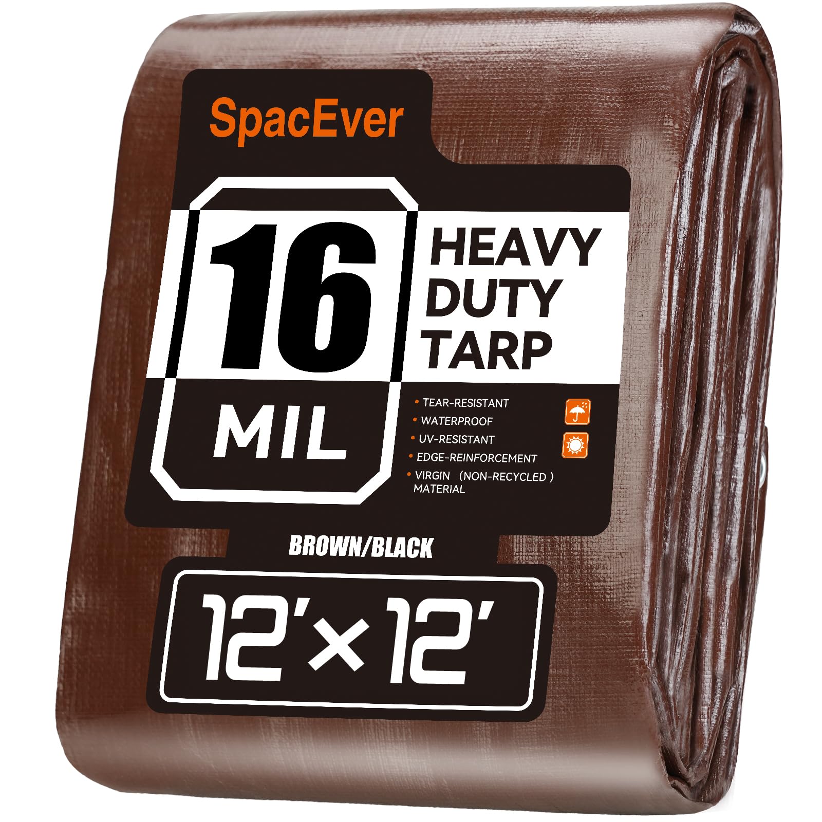 SpacEver 12x12 FT 16 Mil Tarp Waterproof Brown/Black