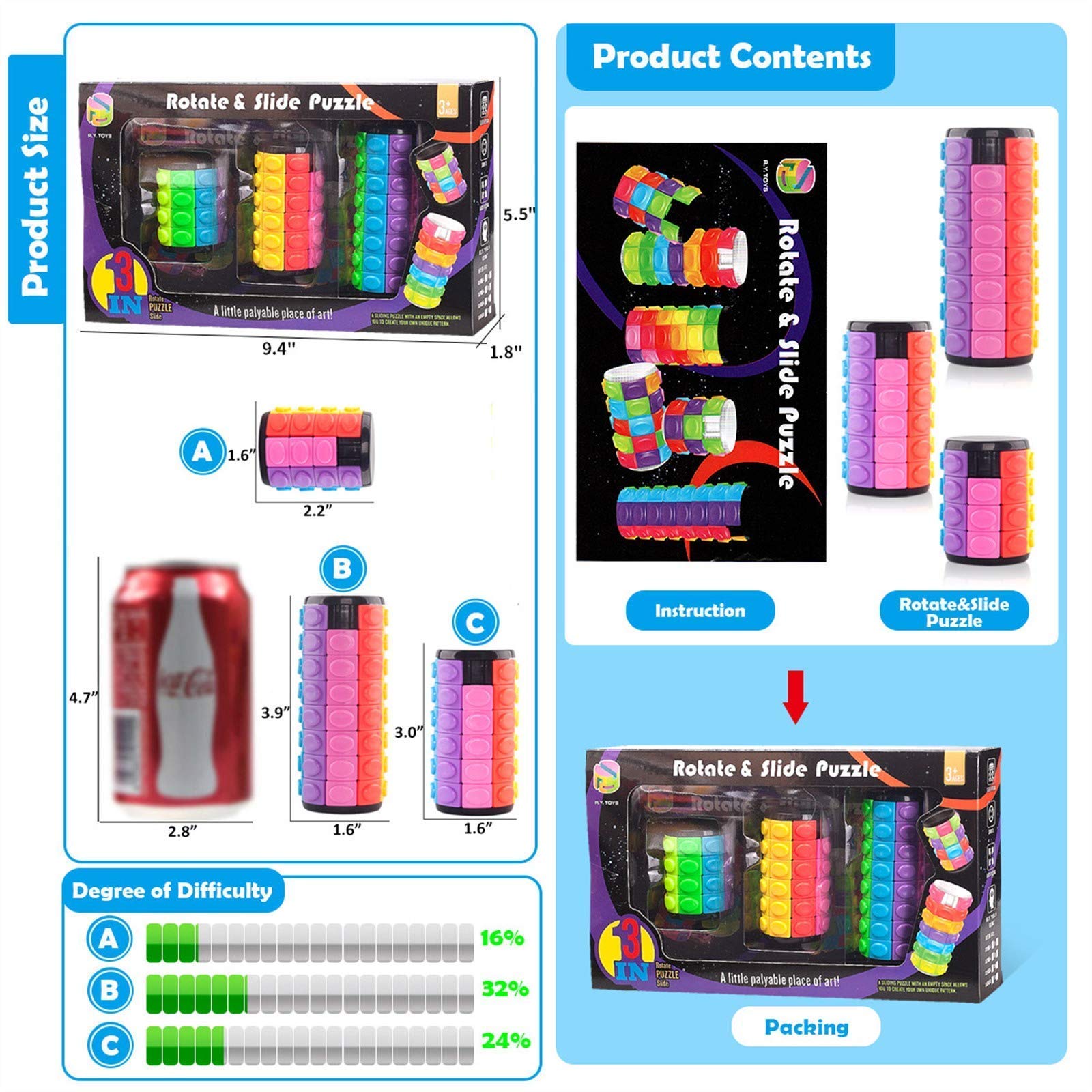 R.Y.TOYS Magic Cube Puzzle - Rotating Slide Brain Teaser For Adults & Kids