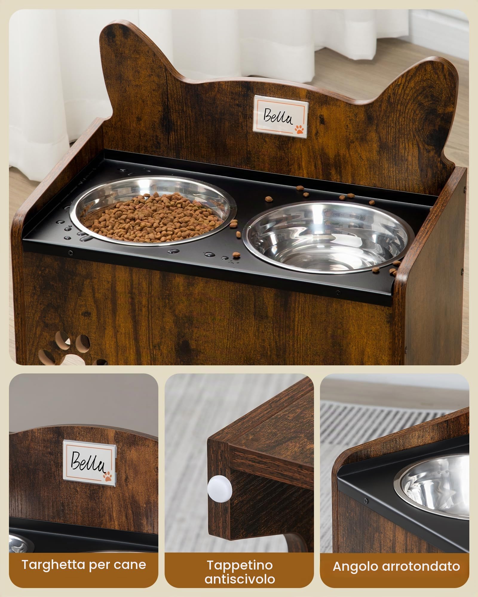 Hzuaneri Ciotole per cani rialzate, Marrone Vintage Ciotola Canis Rialzata | Supporto per Ciotolas per Cani con 2 Ciotole in Acciaio Inossidabile, Set di Ciotoles per Canis Antigoccia, PB07101B